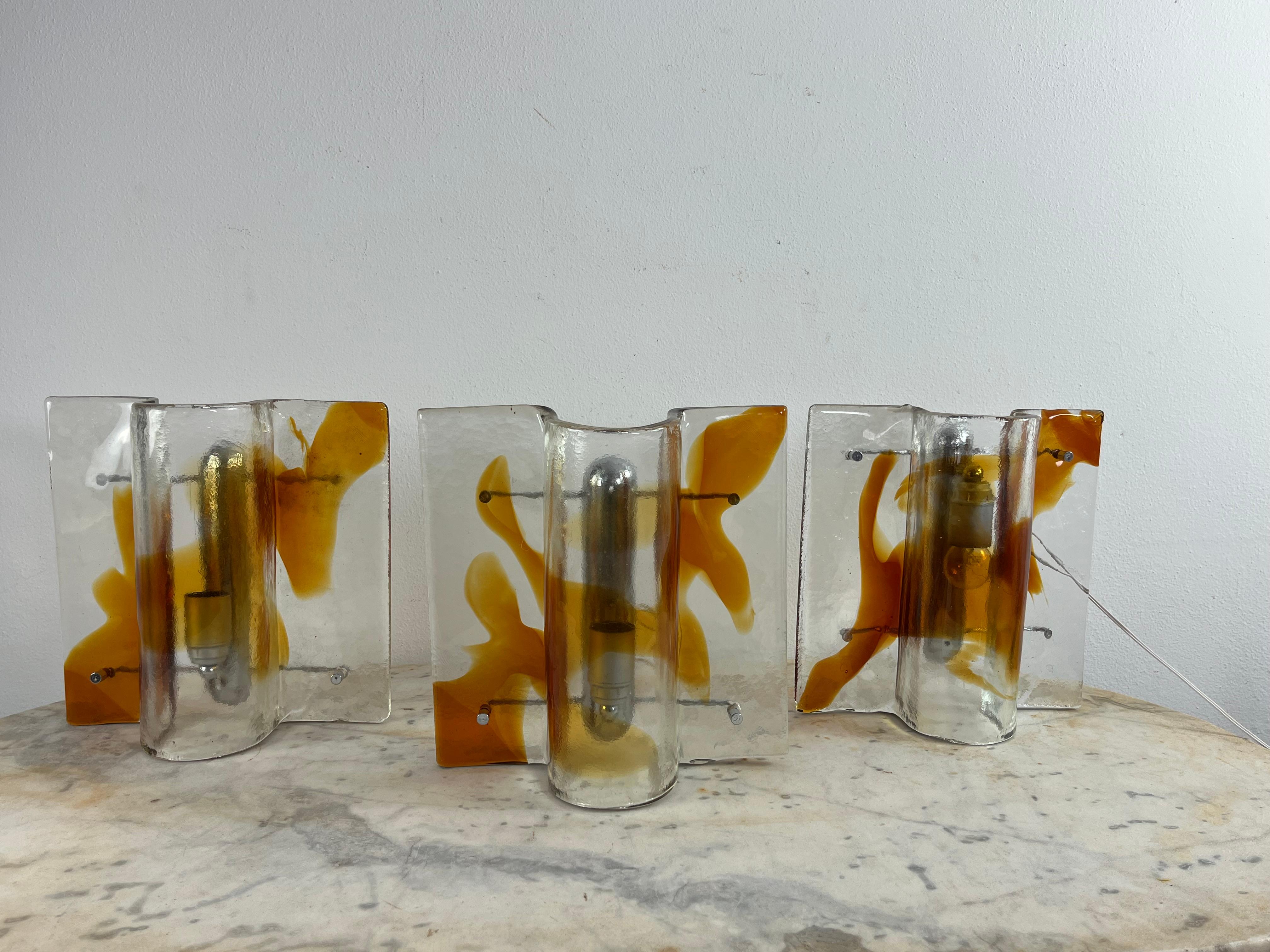 Juego de 3 grandes lámparas de pared de cristal de Murano de mediados de siglo, años 60 en venta 8