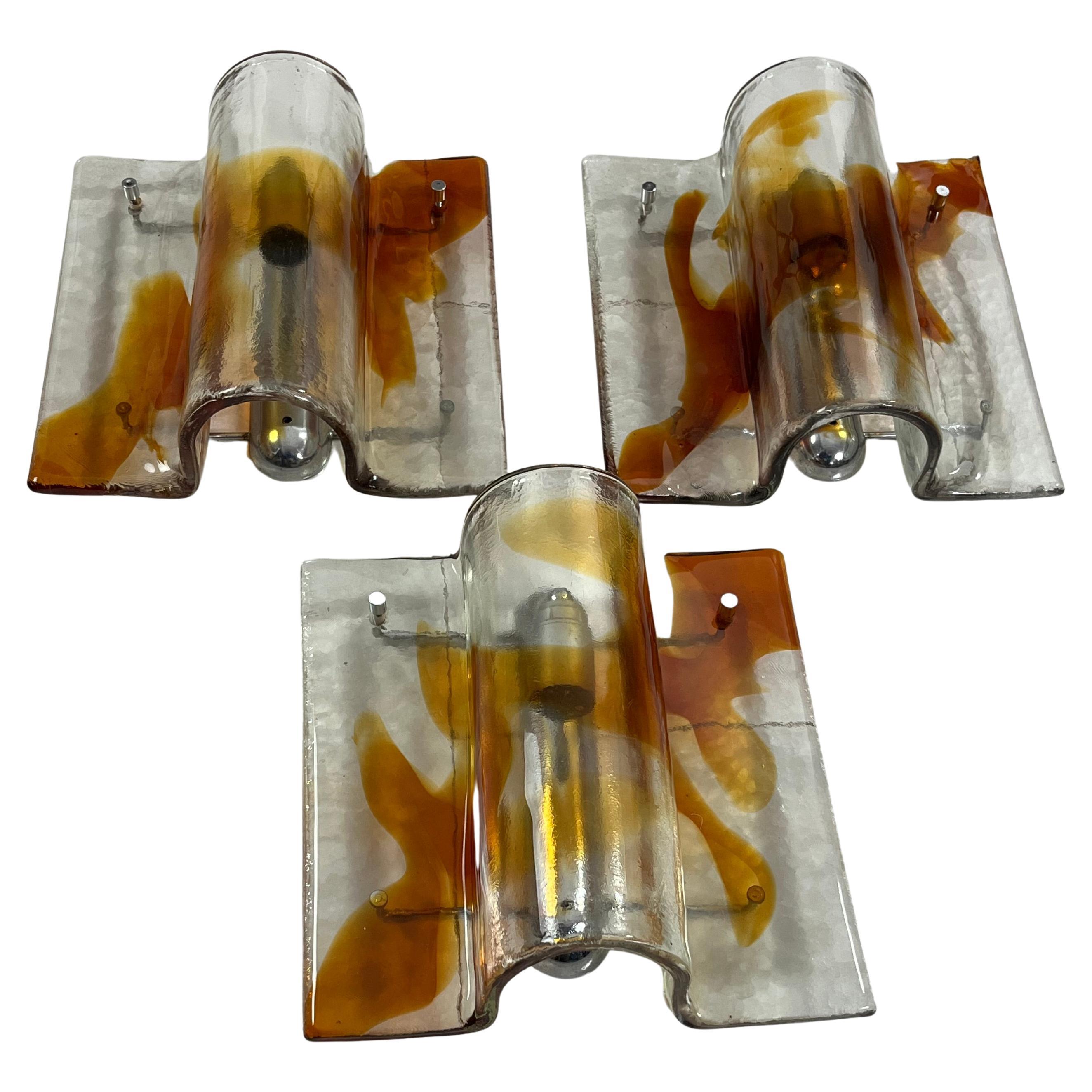 Set Of 3 Large Mid-Century Murano Glass Wall Lamps, 1960s