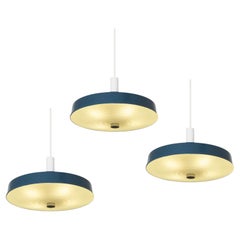 Set of 3 Large Mid Century Pendant Lamps in Painted Metal and Opaline Glass 1960