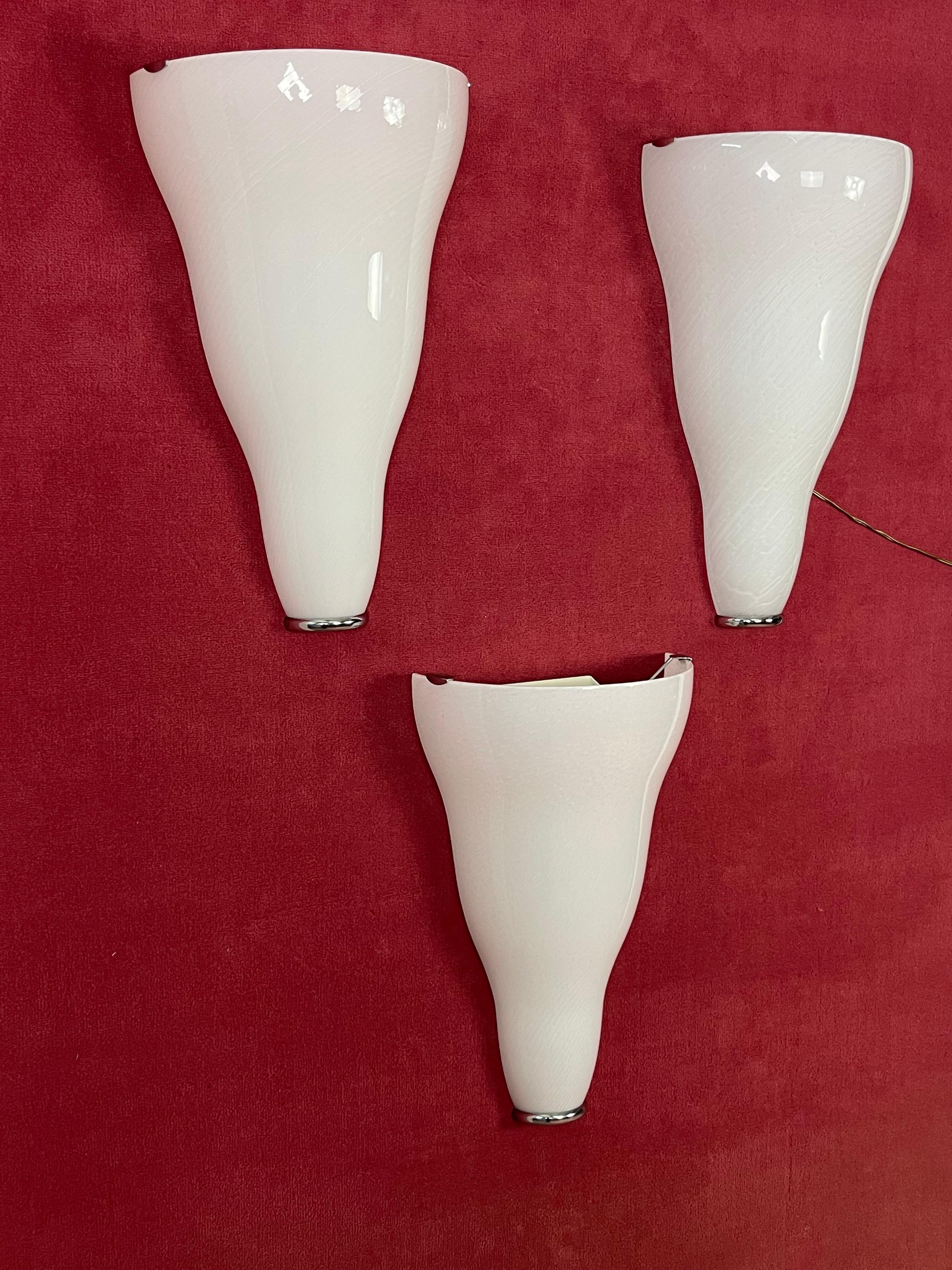 Metal Set Of 3 Large Murano Glass Wall Lamps Leucos, 1980s For Sale