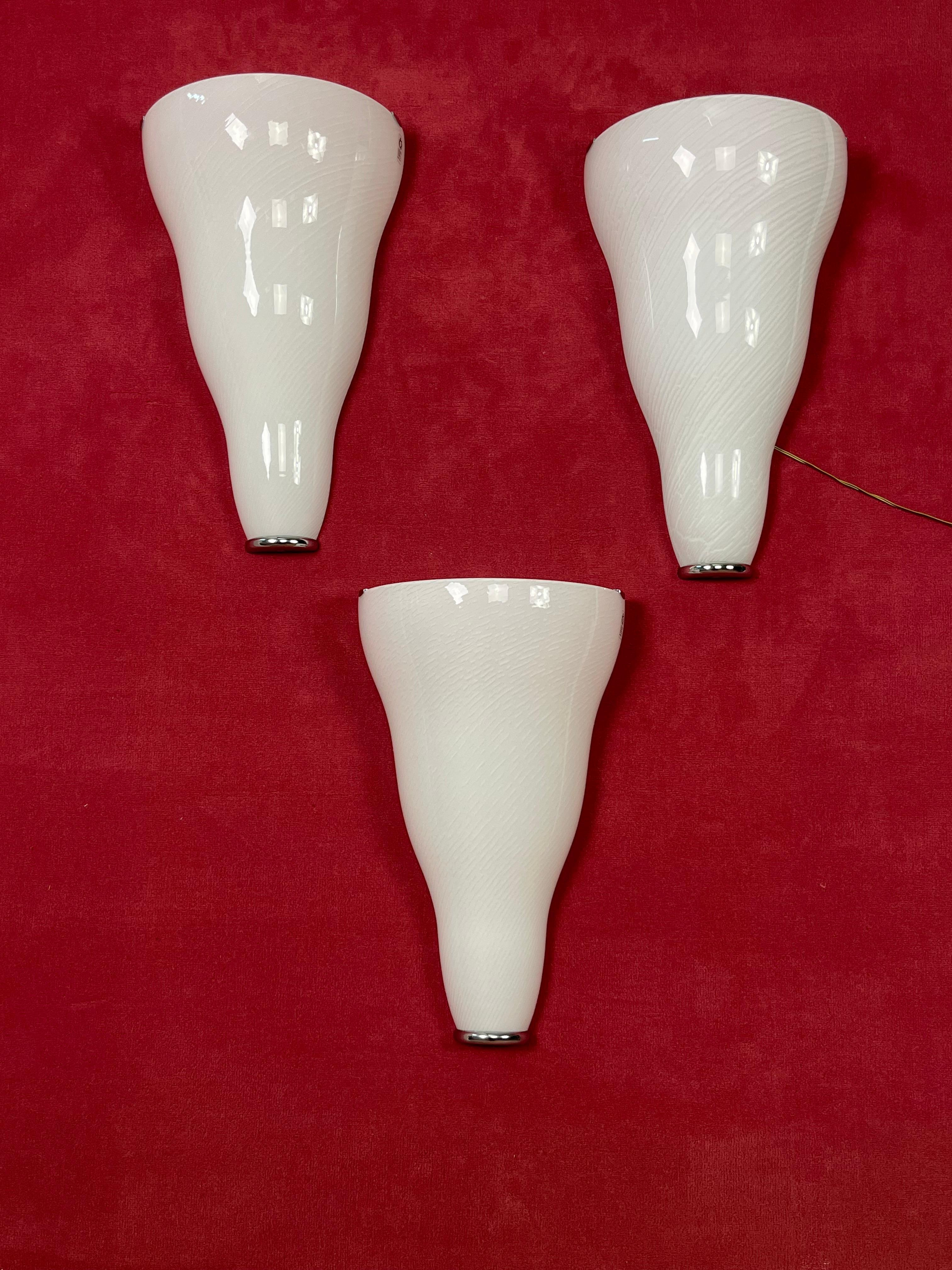 Set Of 3 Large Murano Glass Wall Lamps Leucos, 1980s For Sale 1