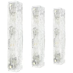 Set of 3 Large Murano Ice Glass Vanity Sconces by Kaiser, Germany, 1970s