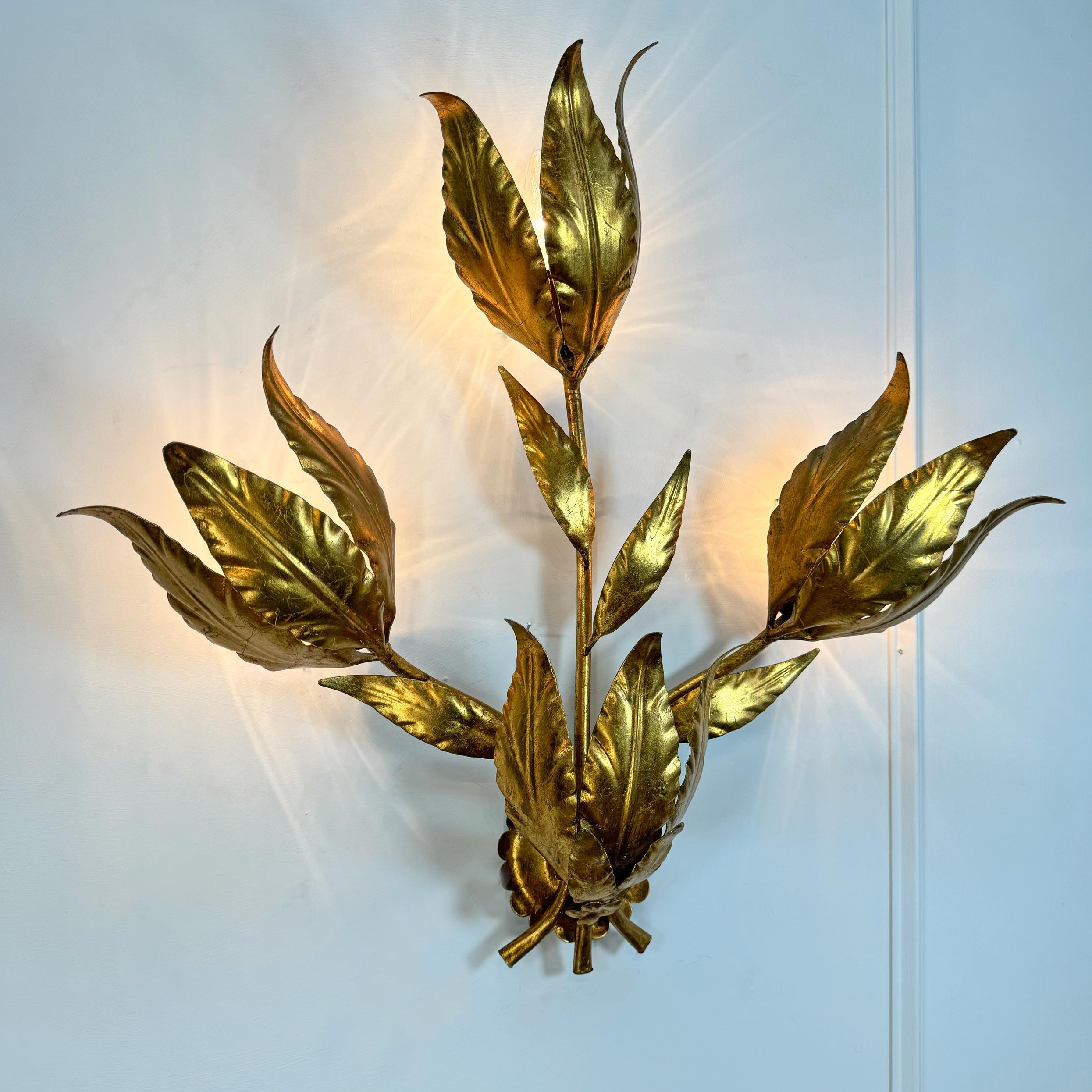 Hollywood Regency Set of 3 Large Original Hans Kogl 1970's Gilt Leaf Wall Lights For Sale