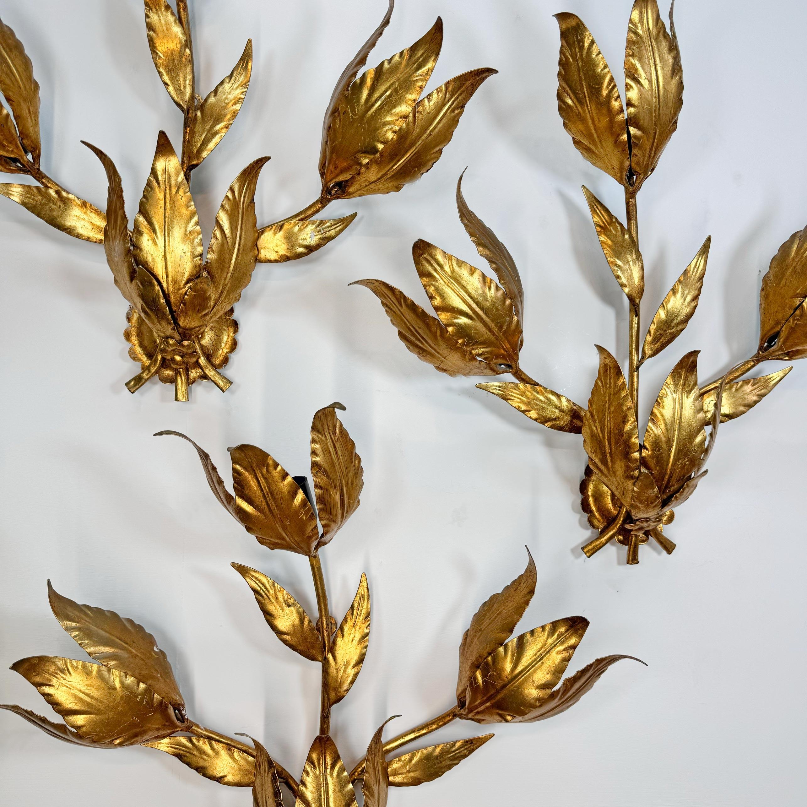 Set of 3 Large Original Hans Kogl 1970's Gilt Leaf Wall Lights In Good Condition For Sale In Hastings, GB