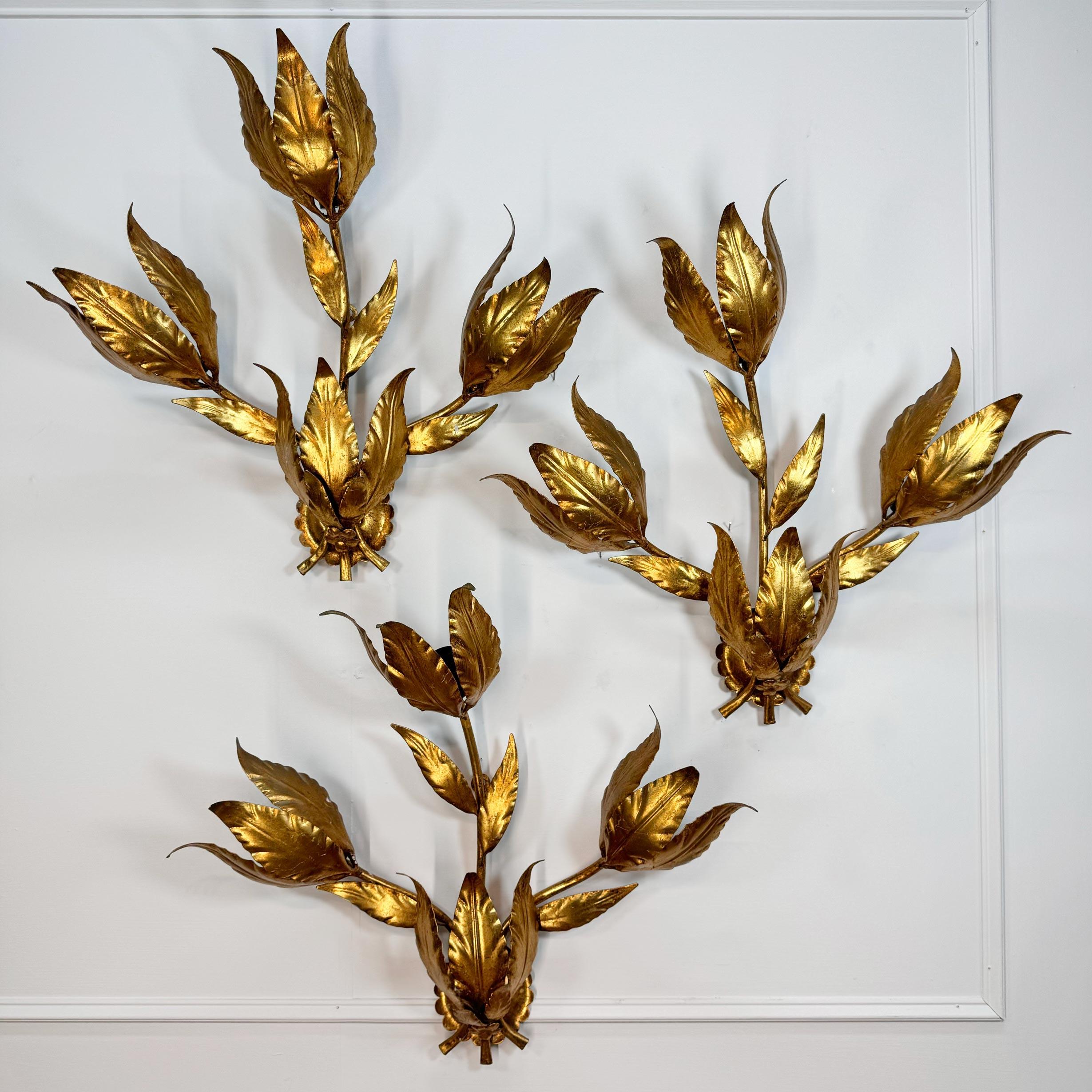 Late 20th Century Set of 3 Large Original Hans Kogl 1970's Gilt Leaf Wall Lights For Sale