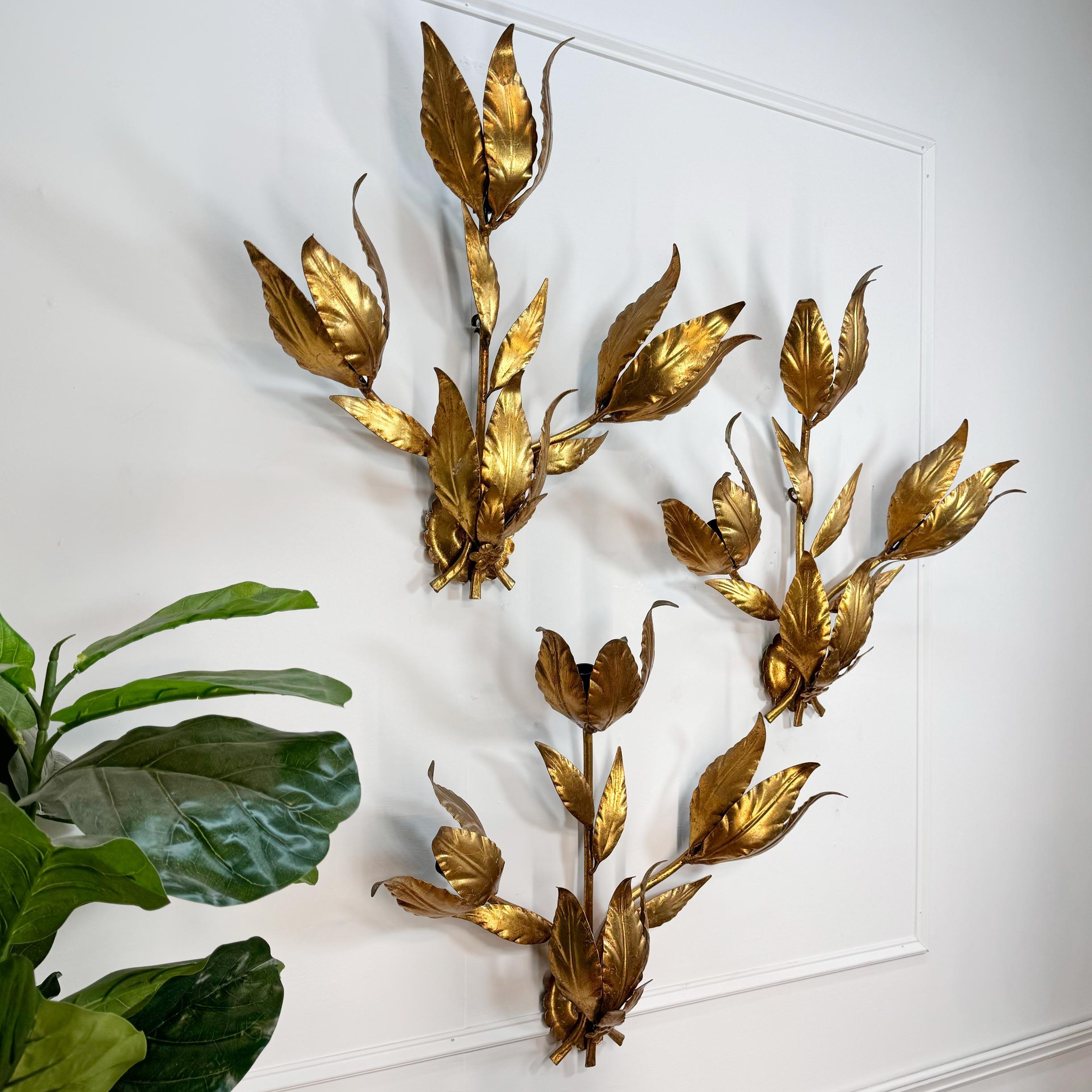 Iron Set of 3 Large Original Hans Kogl 1970's Gilt Leaf Wall Lights For Sale