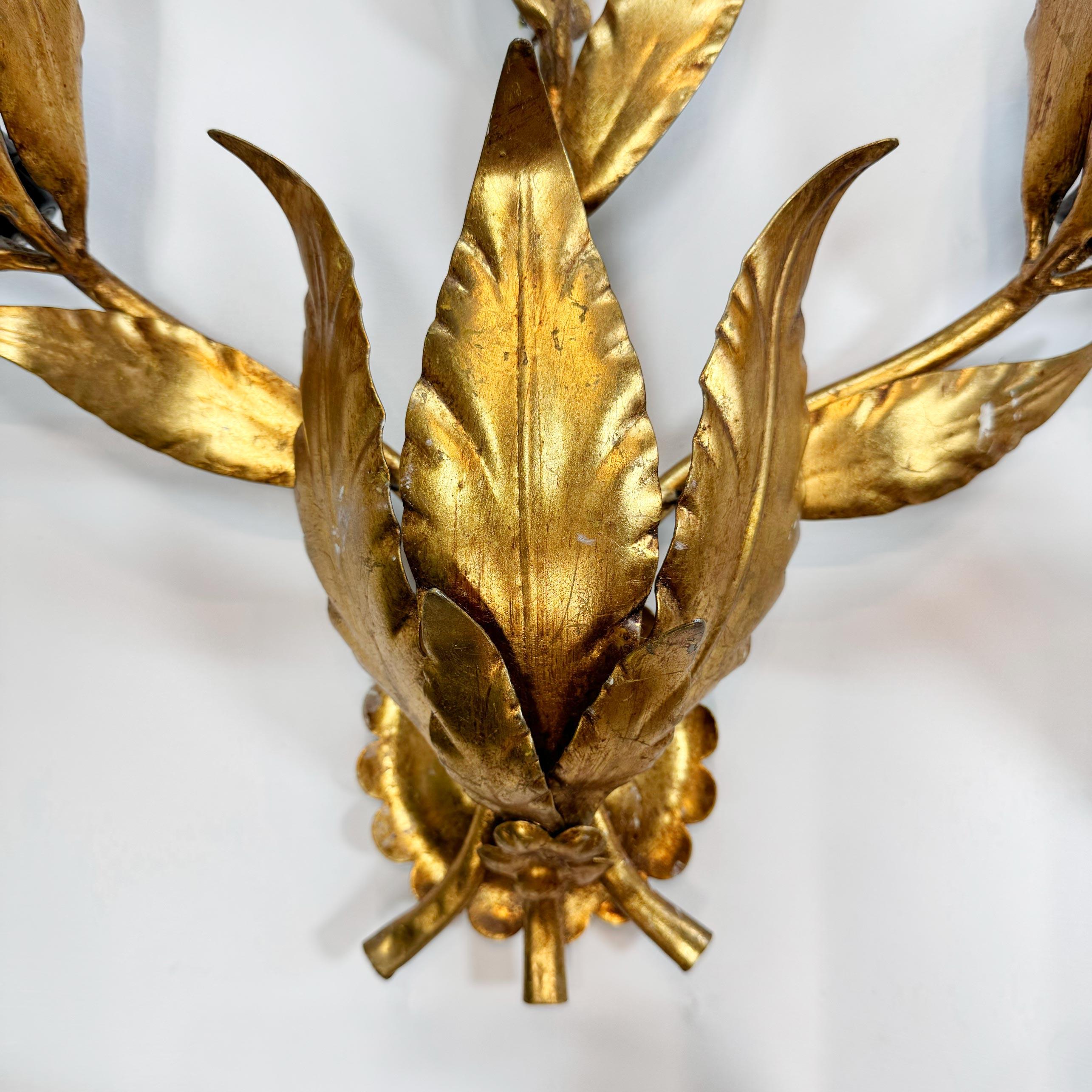 Set of 3 Large Original Hans Kogl 1970's Gilt Leaf Wall Lights For Sale 2