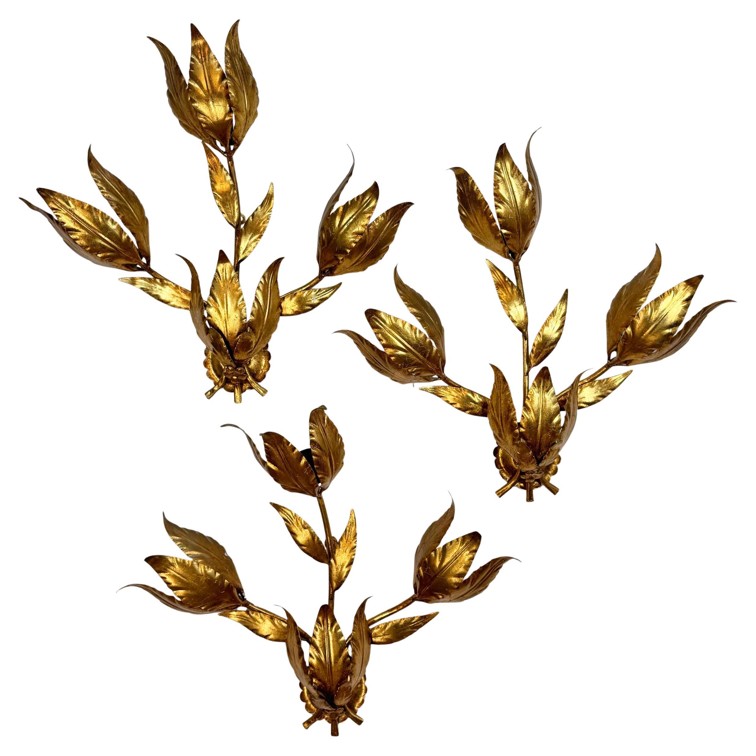 Set of 3 Large Original Hans Kogl 1970
s Gilt Leaf Wall Lights For Sale