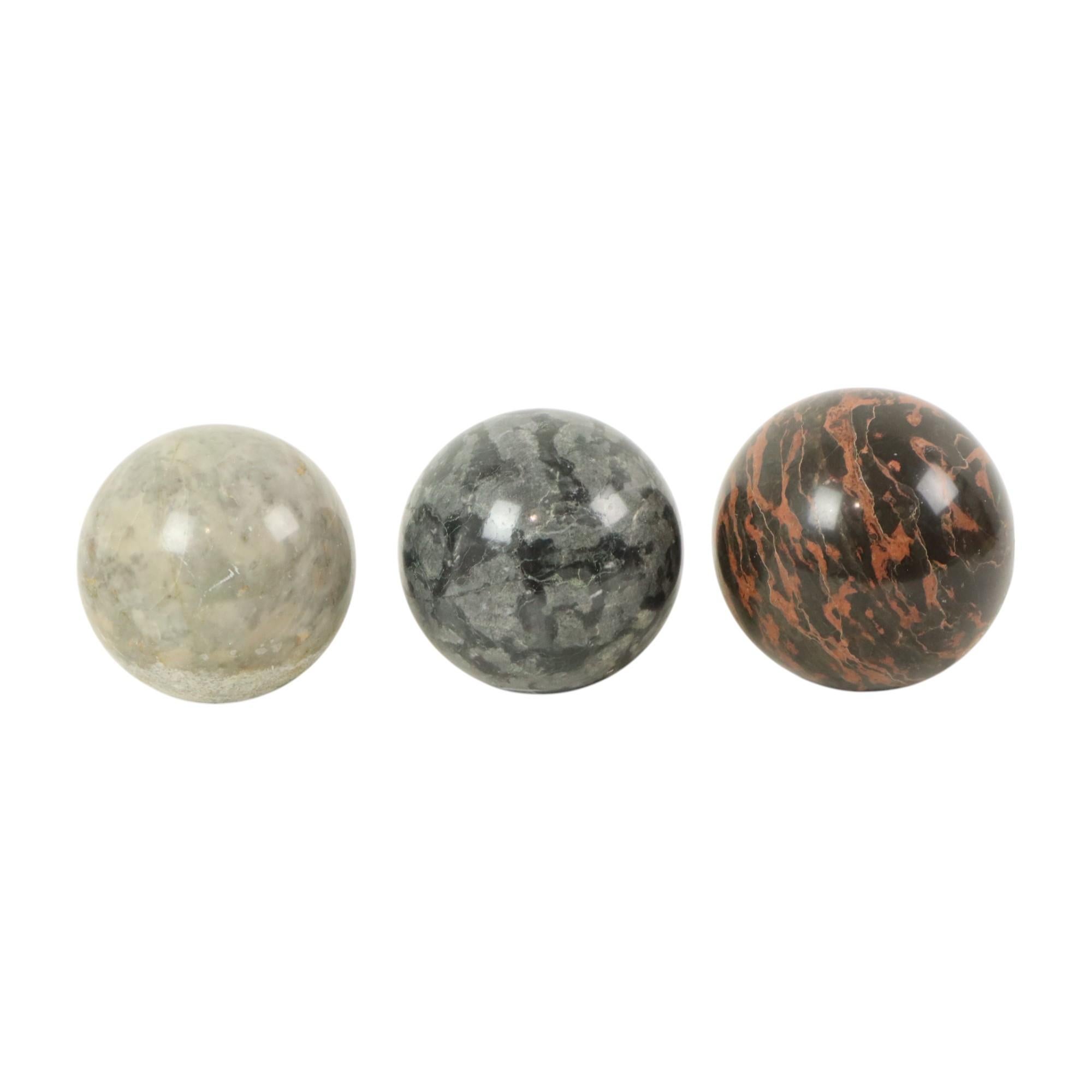 European Set of 3 Large Polished Spheres Marble Balls Natural Stone For Sale