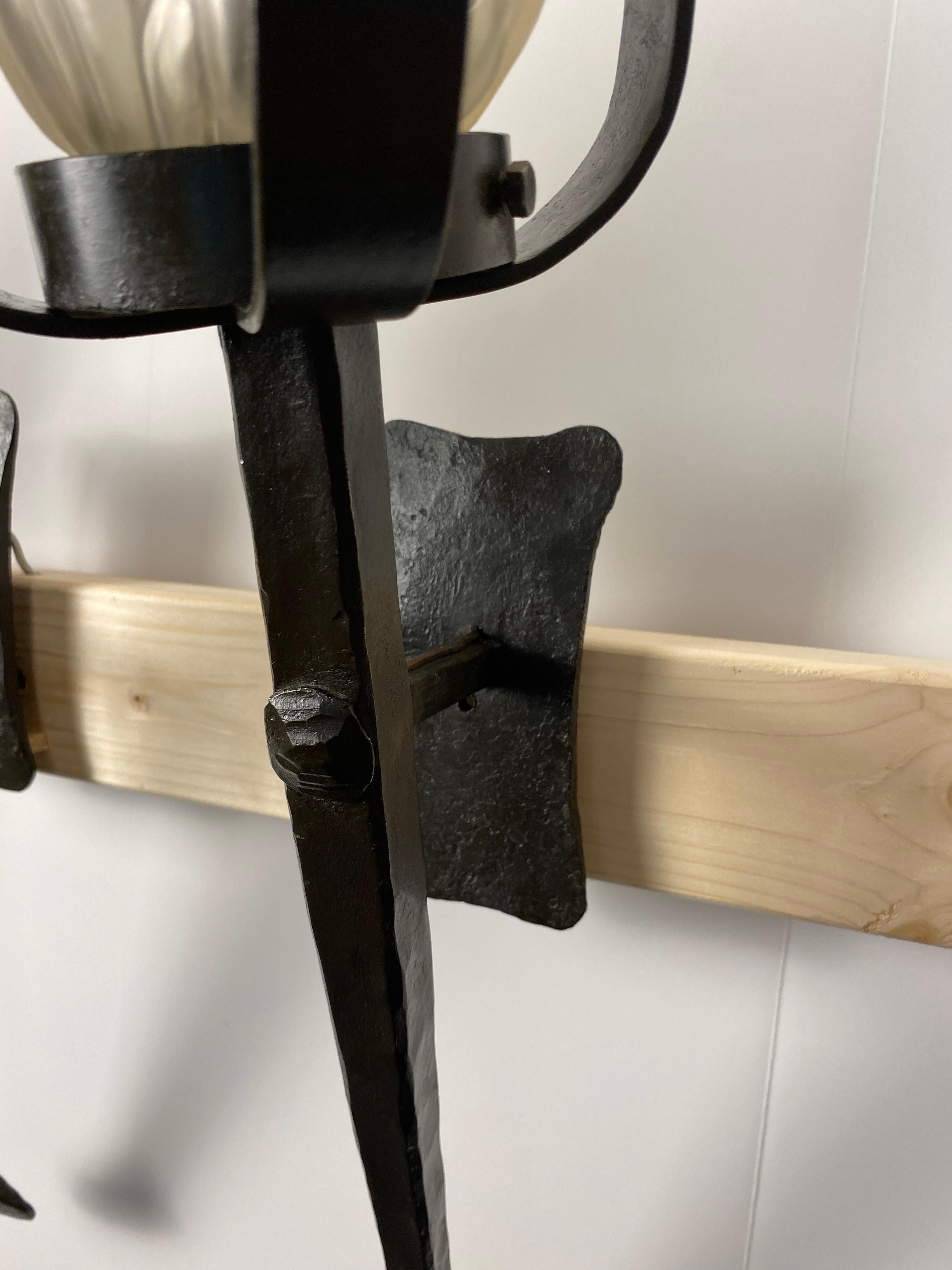 Set of 3 Large Spanish Colonial Style Hand Forged Iron Wall Sconces For Sale 1
