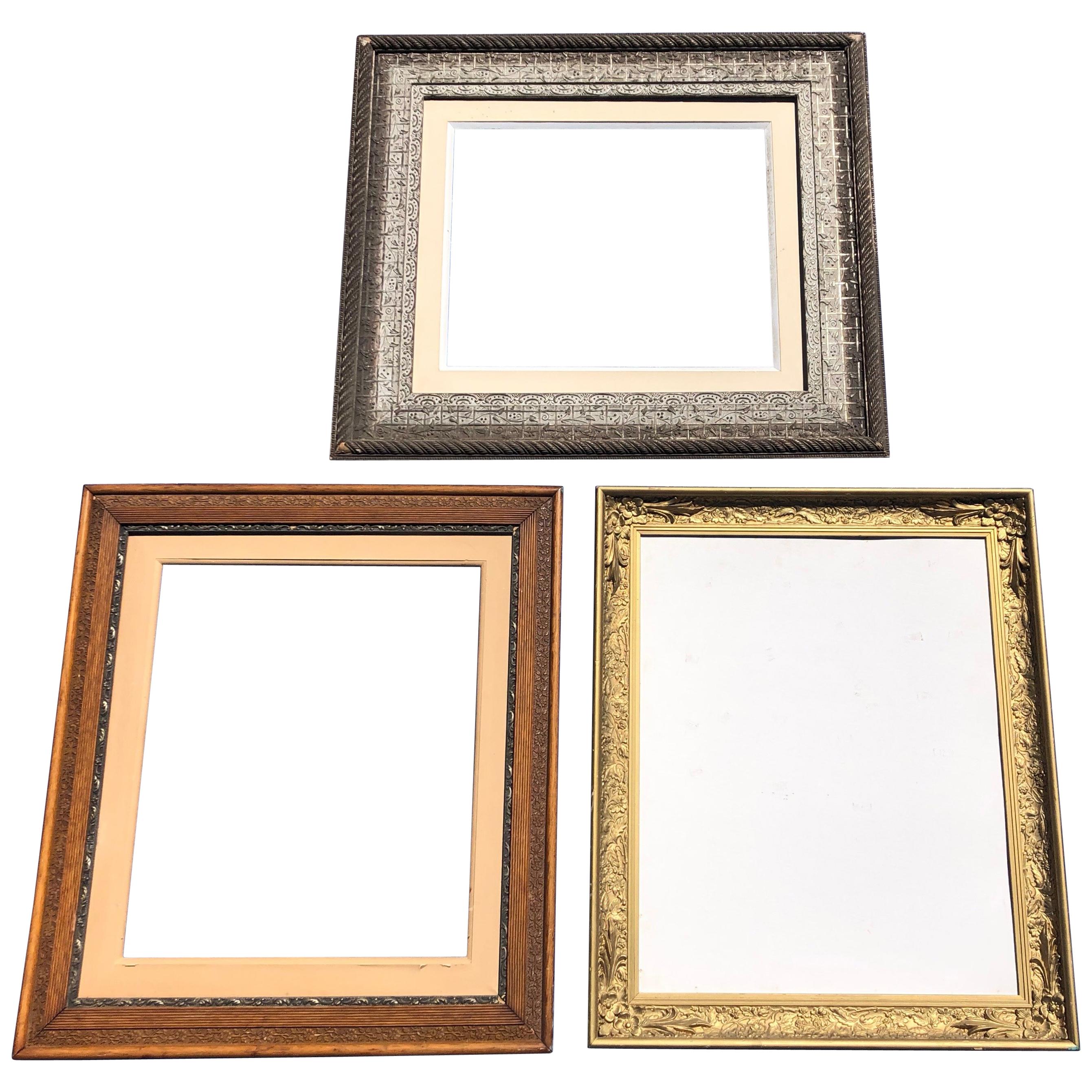 Set of 3 Large Wooden Frames with Silver, Gold and Natural Wood Colors For Sale