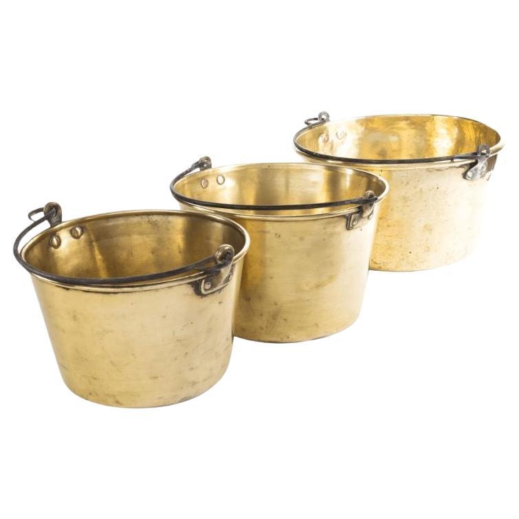 Set of 3 Late 19th Century Assembled Spun Brass Buckets with Steel Wire Handles For Sale