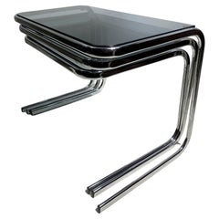 Set of 3 Late 20th Century Nesting Side Tables in Chrome and Smoked Glass