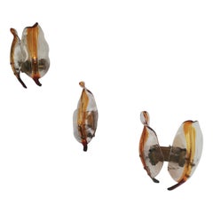 Juego de 3 apliques de cristal de Murano en forma de hoja, apliques La Murrina, Italia, años 70