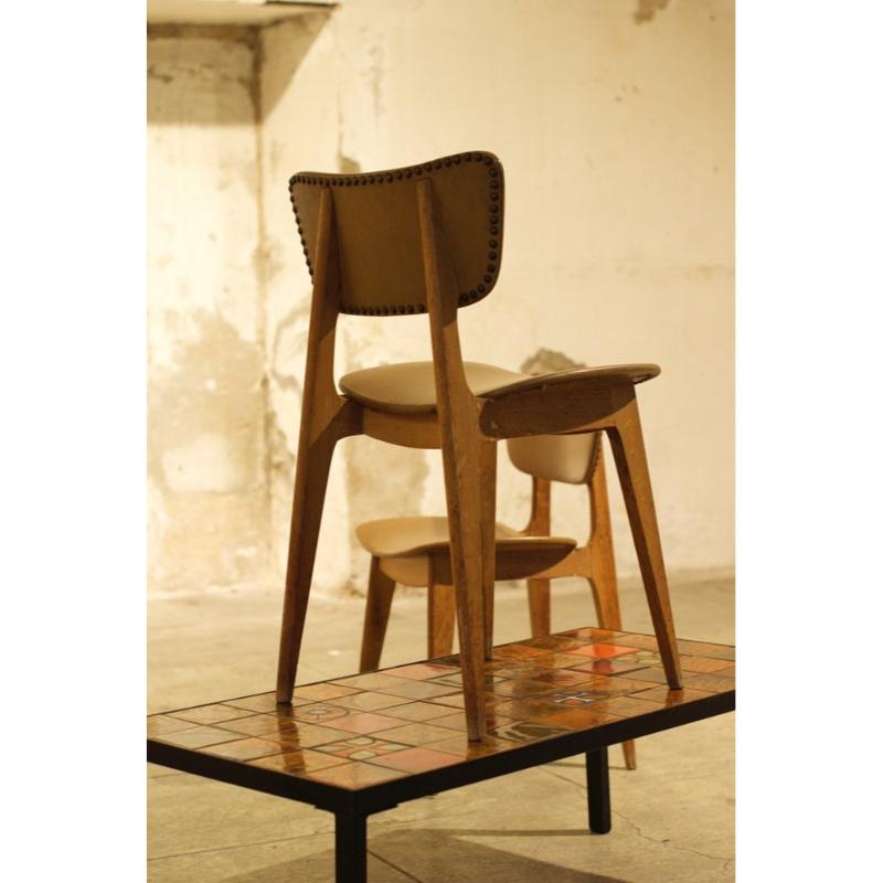 Set of 3 Leather and Wood Model 6157 Dining Chairs by Roger Landault, 1950s For Sale 6