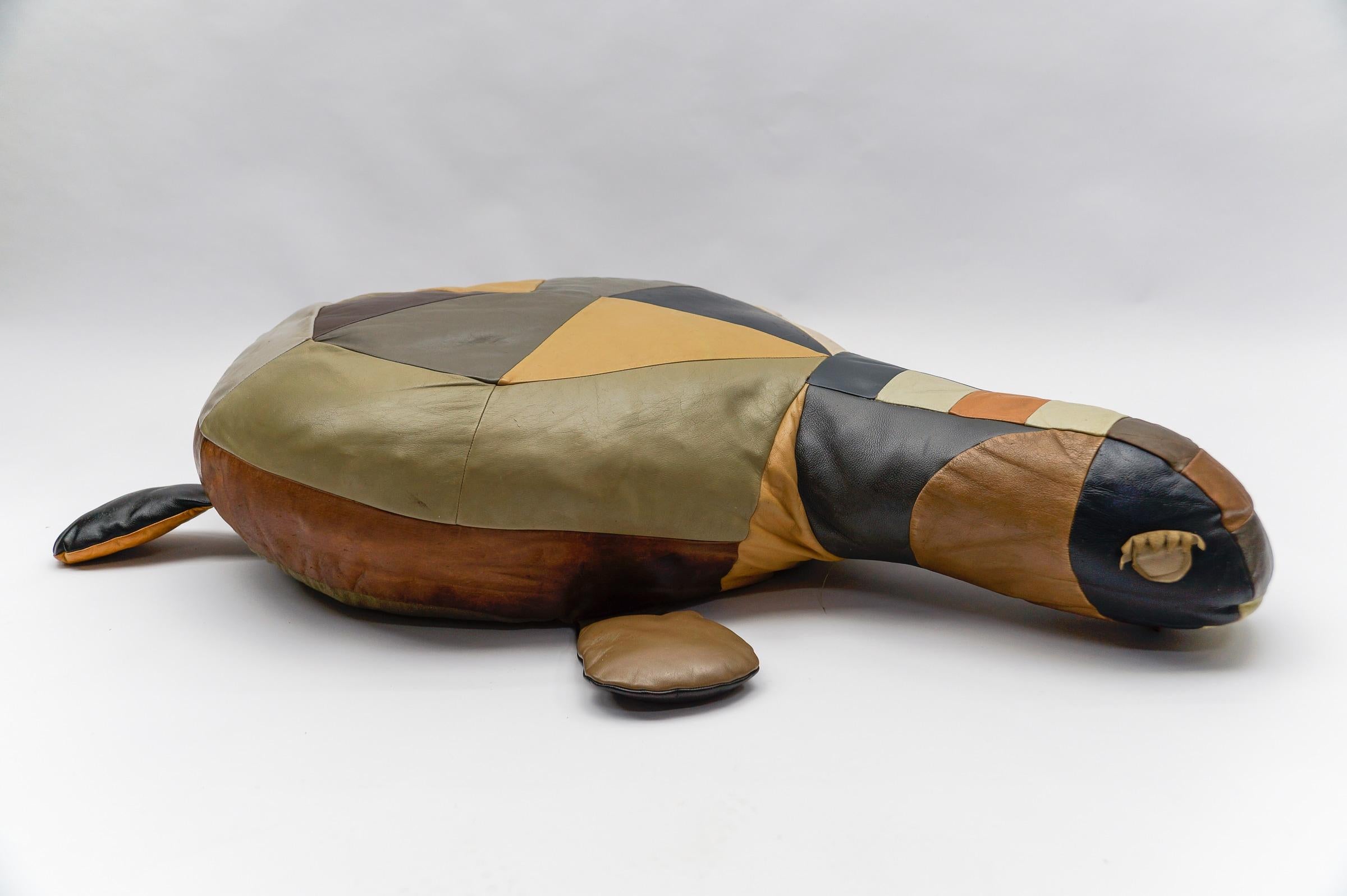 Mid-20th Century Set of 3 Leather Patchwork Turtle Poufs - Mid-Century Modern, Switzerland, 1960s For Sale