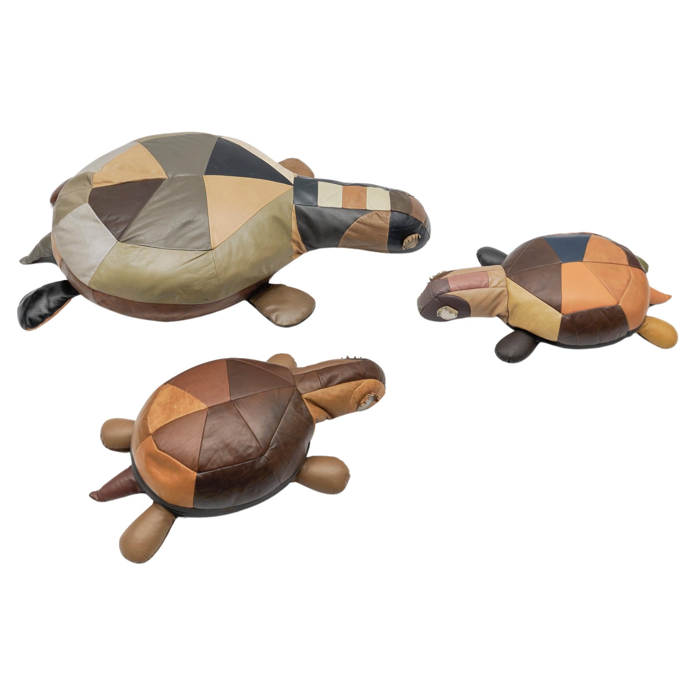 Set of 3 Leather Patchwork Turtle Poufs - Mid-Century Modern, Switzerland, 1960s For Sale