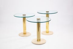 Set of 3 Leon Rosen for Pace Brass Glass & Travertine Post Modern Side Tables