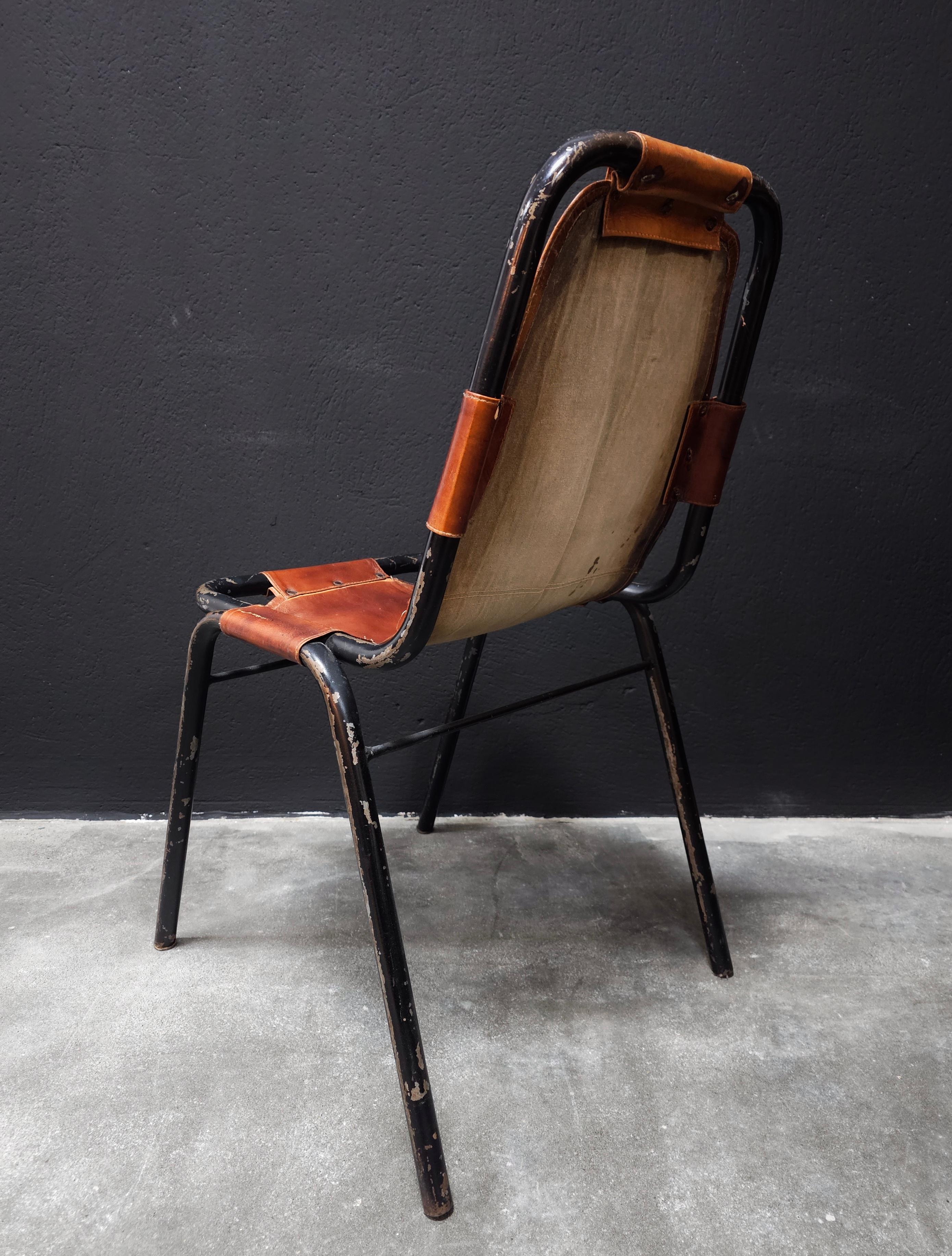 Metal Set of 3 Leather Chairs by DalVera in style of Charlotte Perriand, France, 1950s For Sale