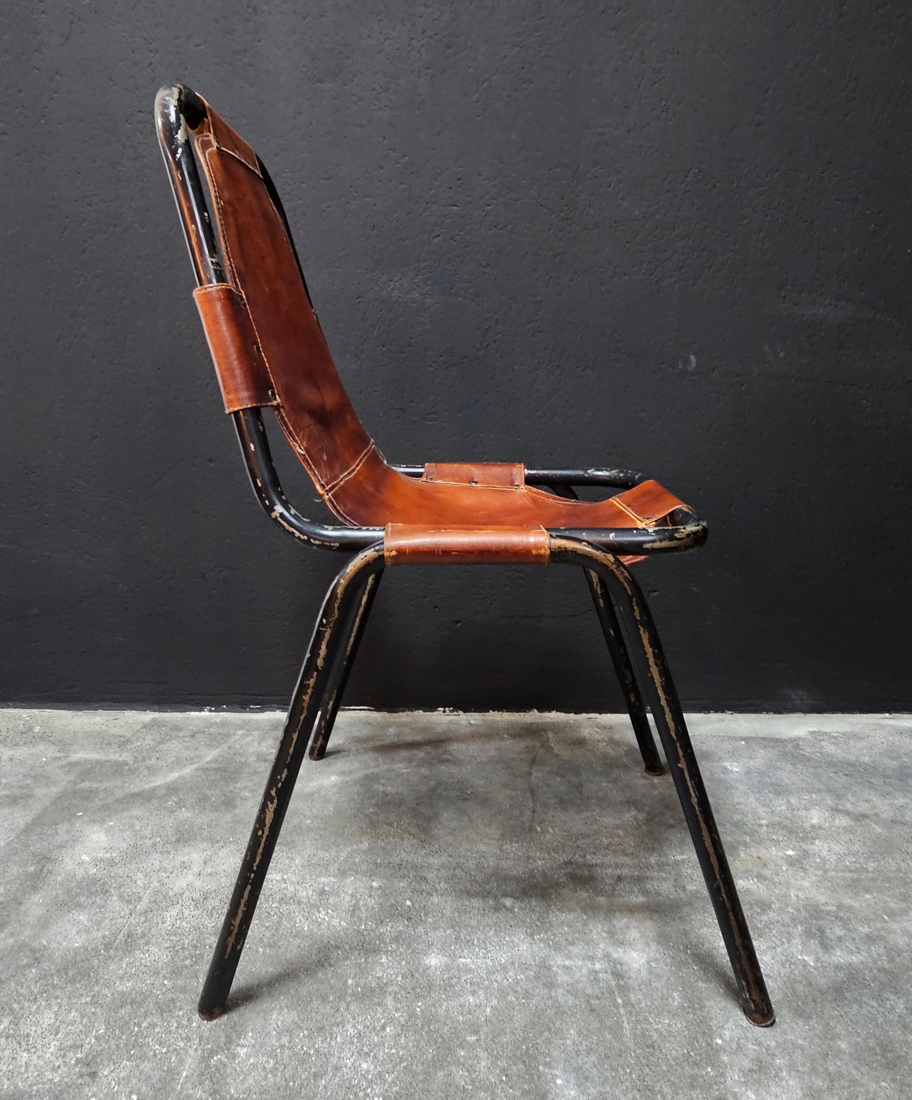 Bauhaus Set of 3 Leather Chairs by DalVera in style of Charlotte Perriand, France, 1950s For Sale
