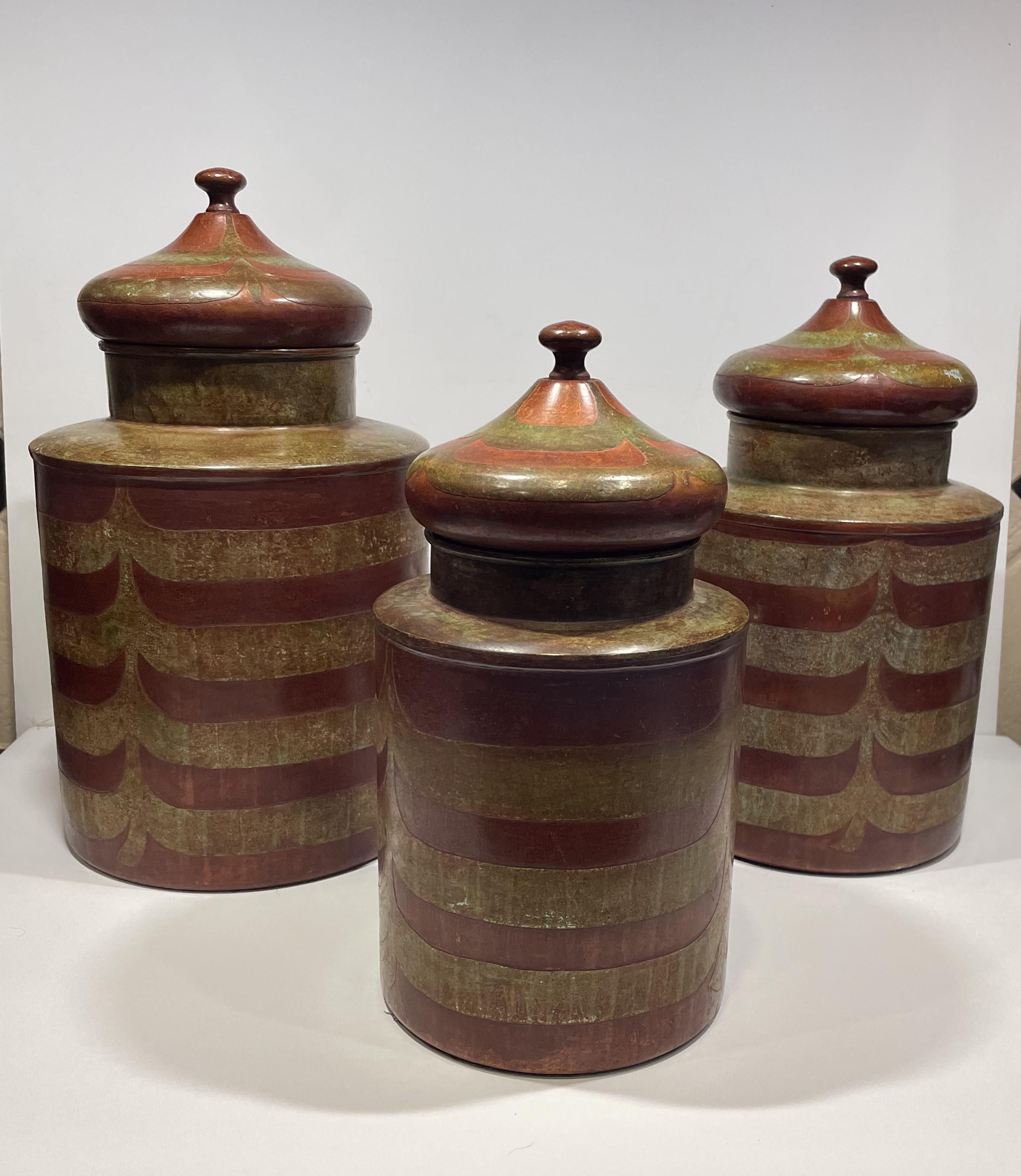 Set of 3 Lidded Metal Cannisters Hand-painted in Green, Brown, Orange. For Sale 11