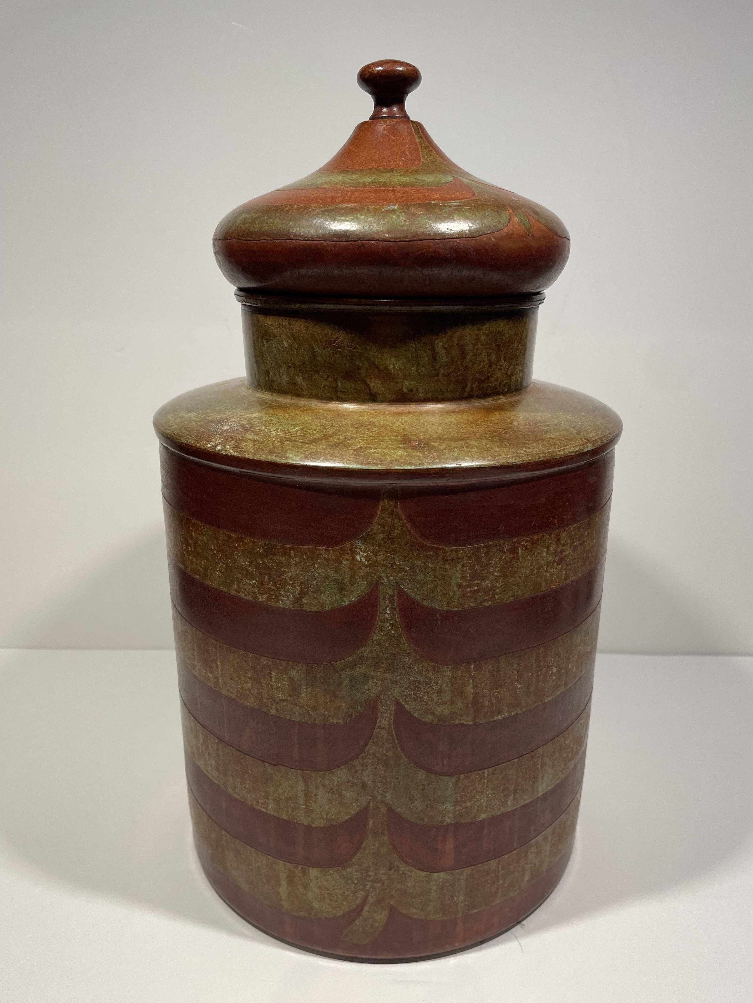 Bohemian Set of 3 Lidded Metal Cannisters Hand-painted in Green, Brown, Orange. For Sale