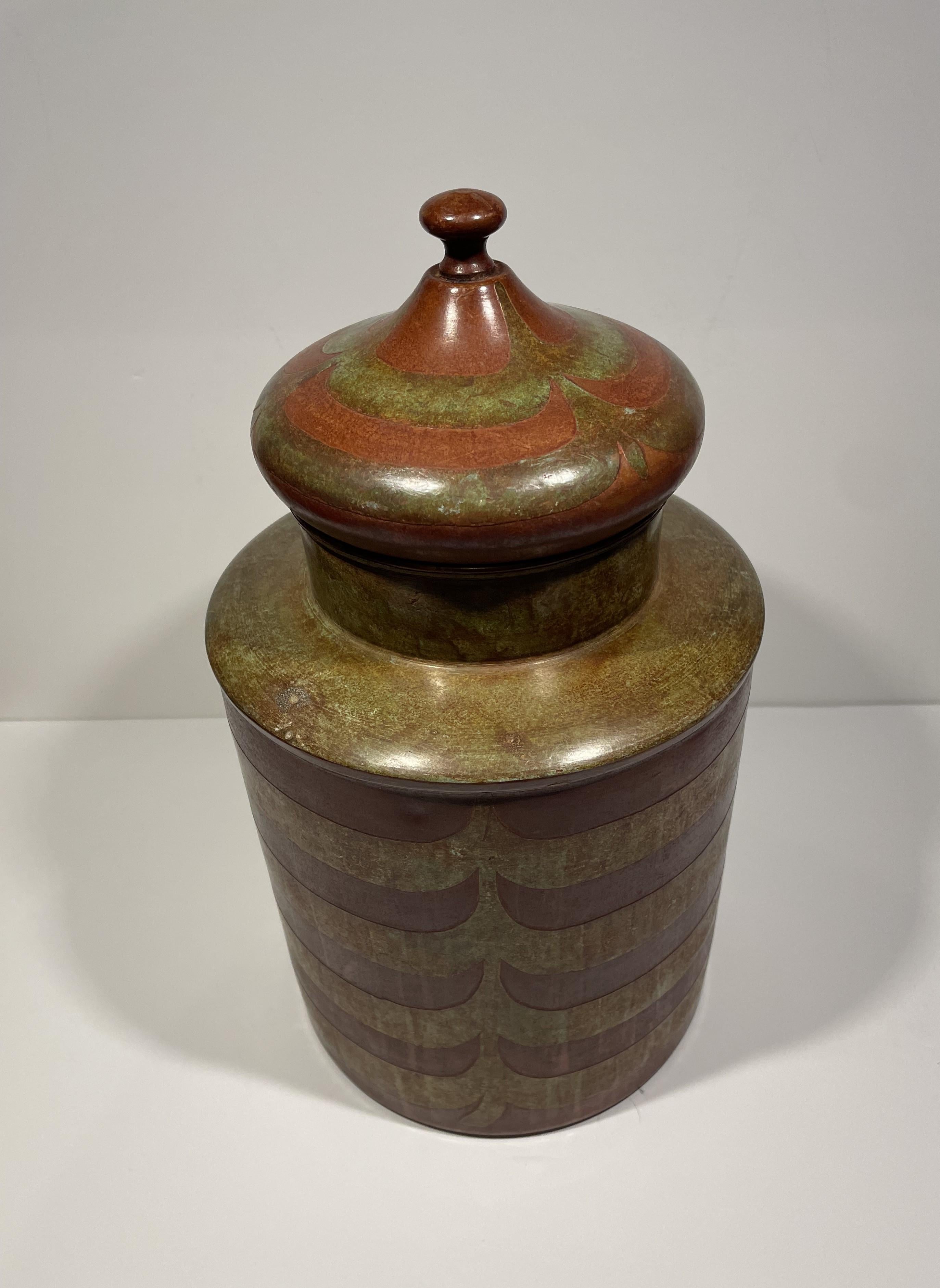 Indian Set of 3 Lidded Metal Cannisters Hand-painted in Green, Brown, Orange. For Sale