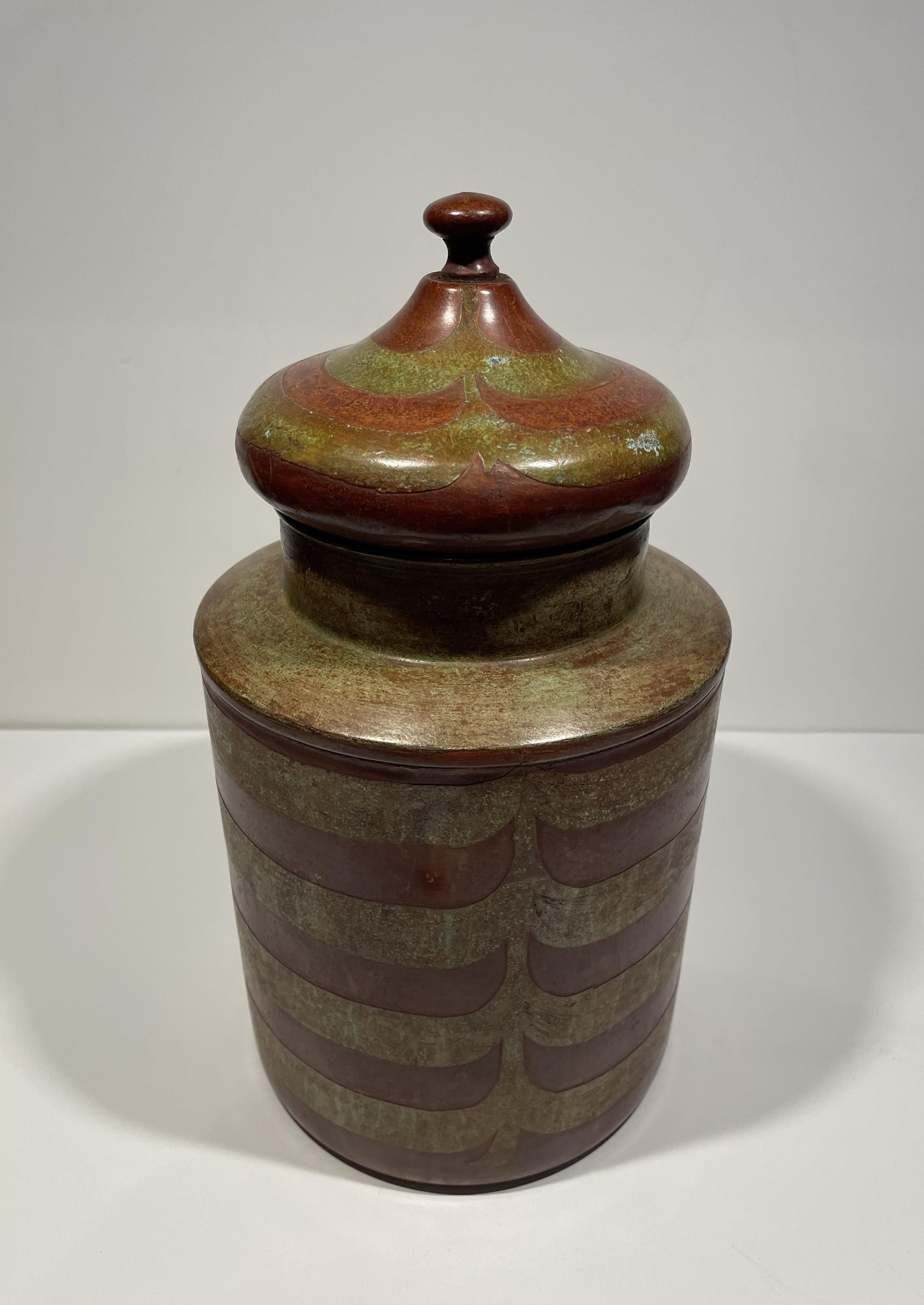 20th Century Set of 3 Lidded Metal Cannisters Hand-painted in Green, Brown, Orange. For Sale