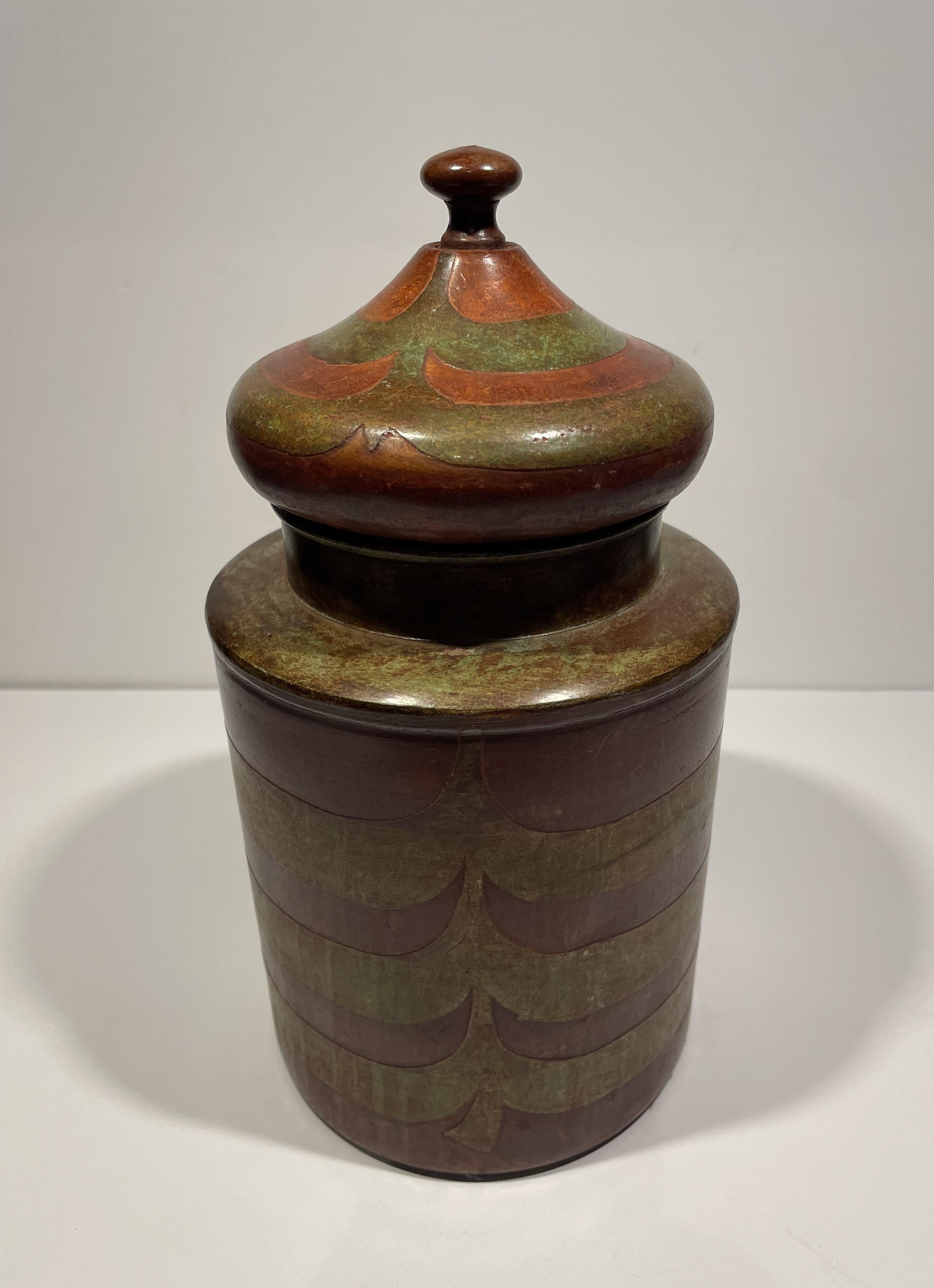 Set of 3 Lidded Metal Cannisters Hand-painted in Green, Brown, Orange. For Sale 3