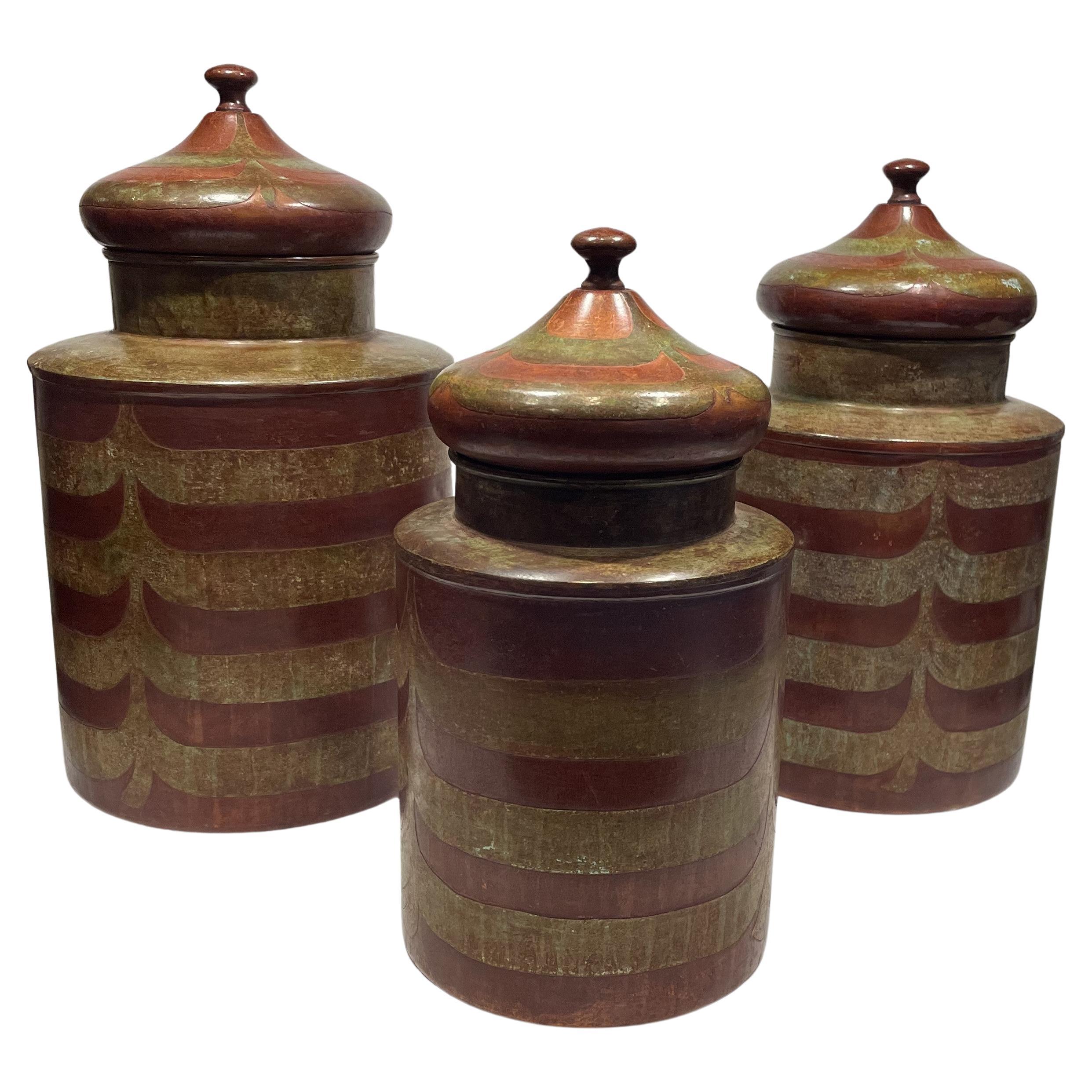 Set of 3 Lidded Metal Cannisters Hand-painted in Green, Brown, Orange. For Sale