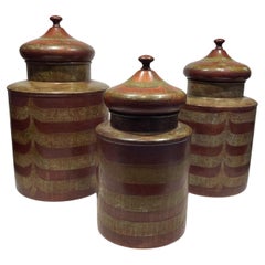 Set of 3 Lidded Metal Cannisters Hand-painted in Green, Brown, Orange.