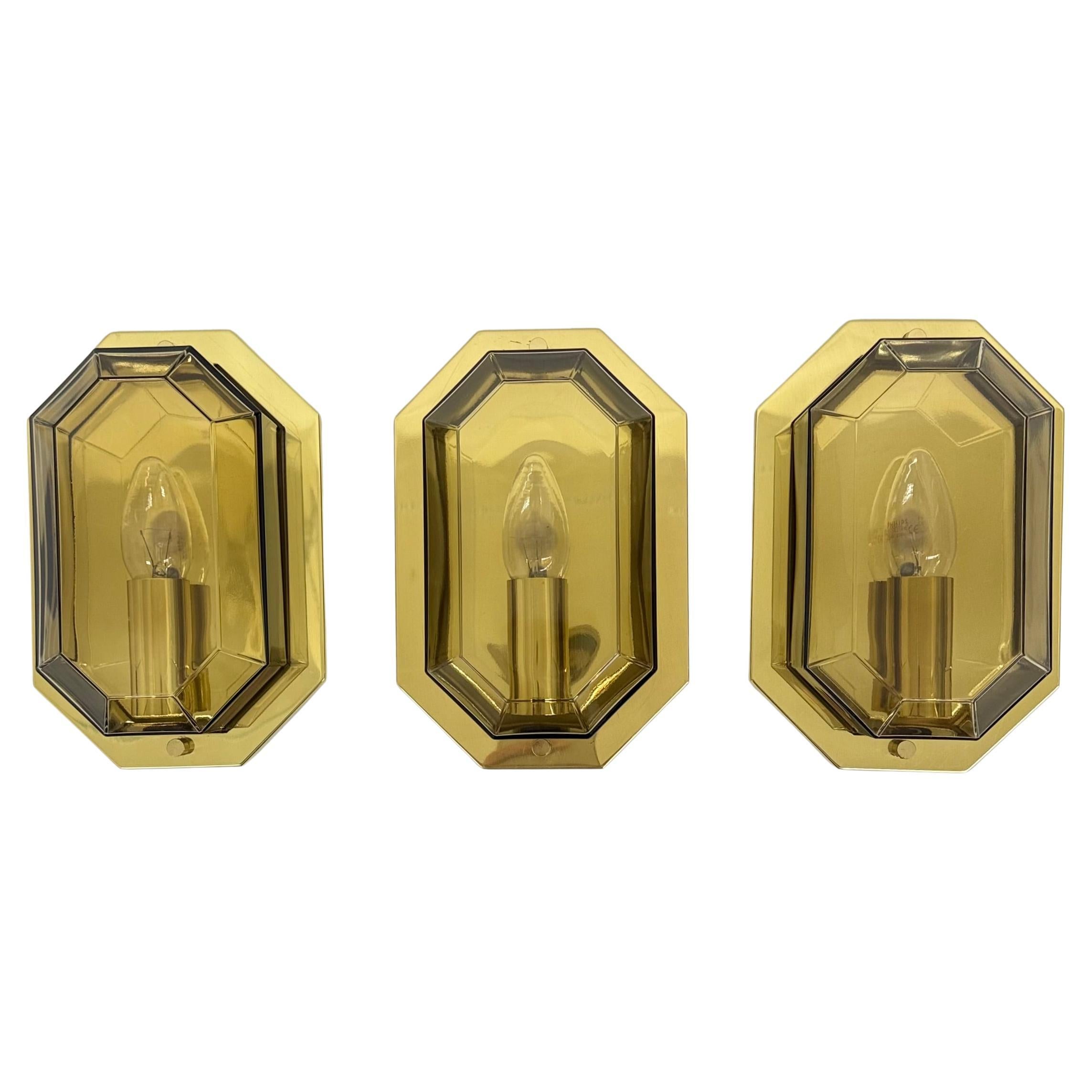 Set of 3 Limburg Glashütte smoked glass and brass wall lamps sconce , 1970s For Sale