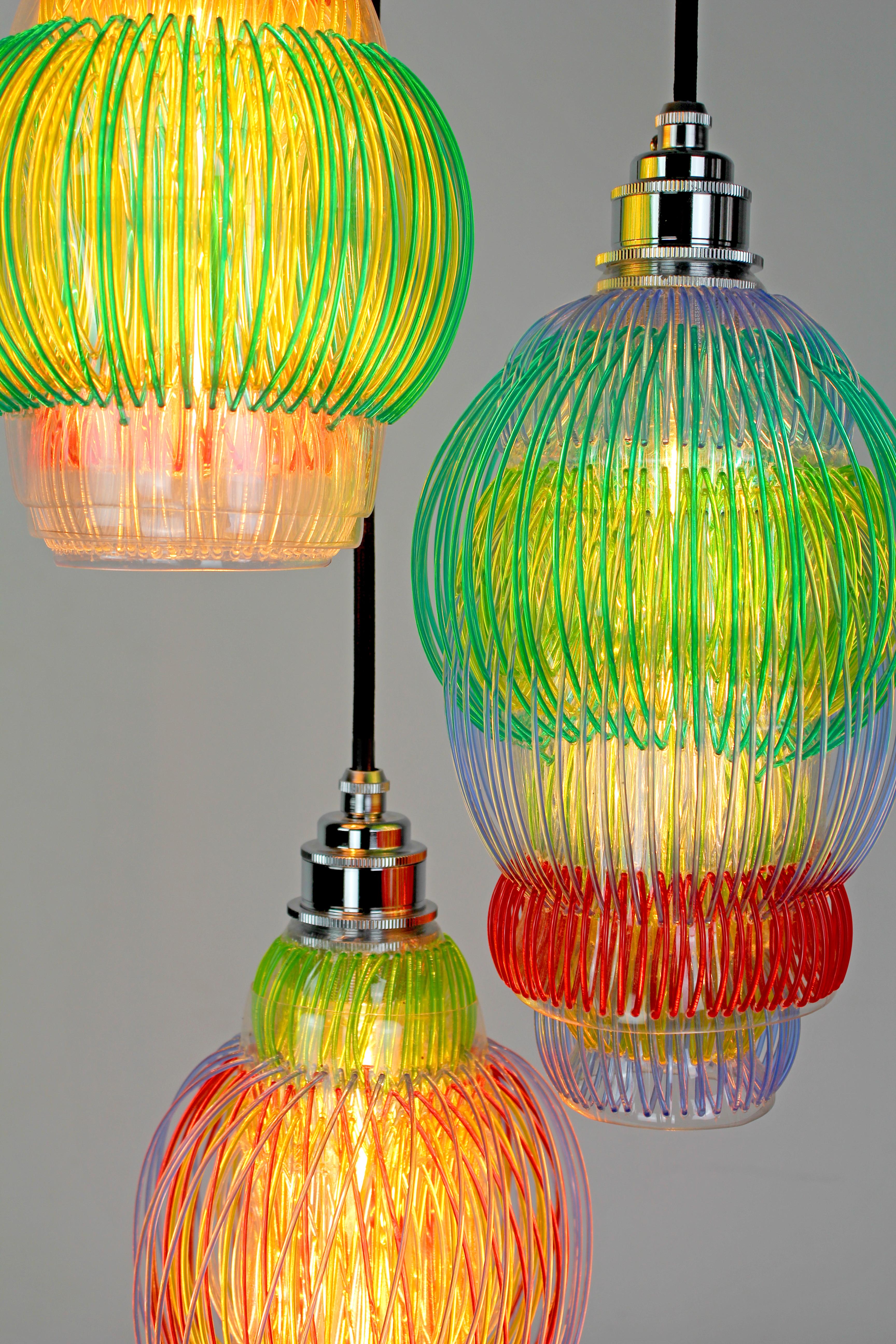 Woven Set of 3 Lluvia Pendant Lamps by Anabella Georgi For Sale