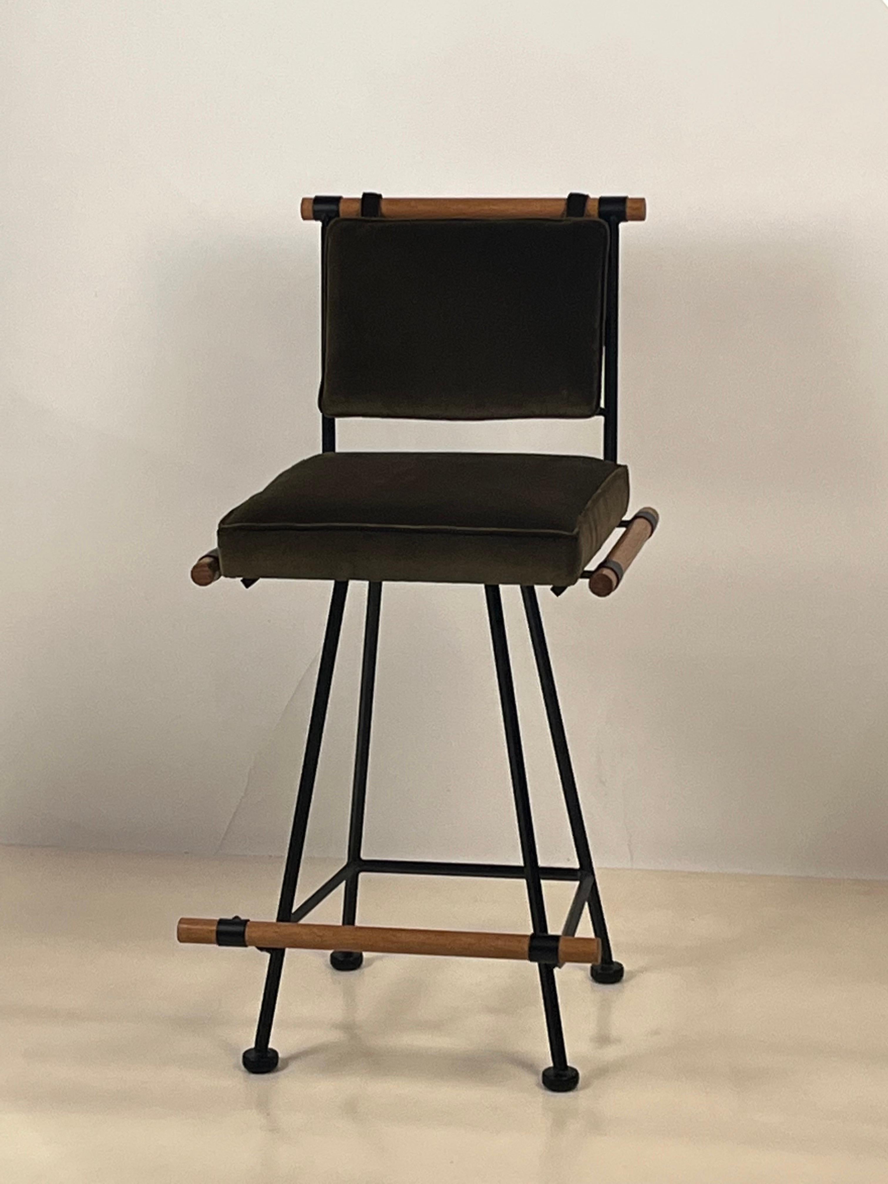 Organic Modern Set of 3 'Los Feliz' Velvet Swiveling Counter Stools by Design Frères For Sale