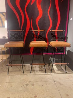 Set of 3 "Los Feliz" Wrought Iron, Oak and Leather Swiveling Bar Stools