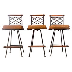 Set of 3 "Los Feliz" Wrought Iron, Oak and Leather Swiveling Bar Stools
