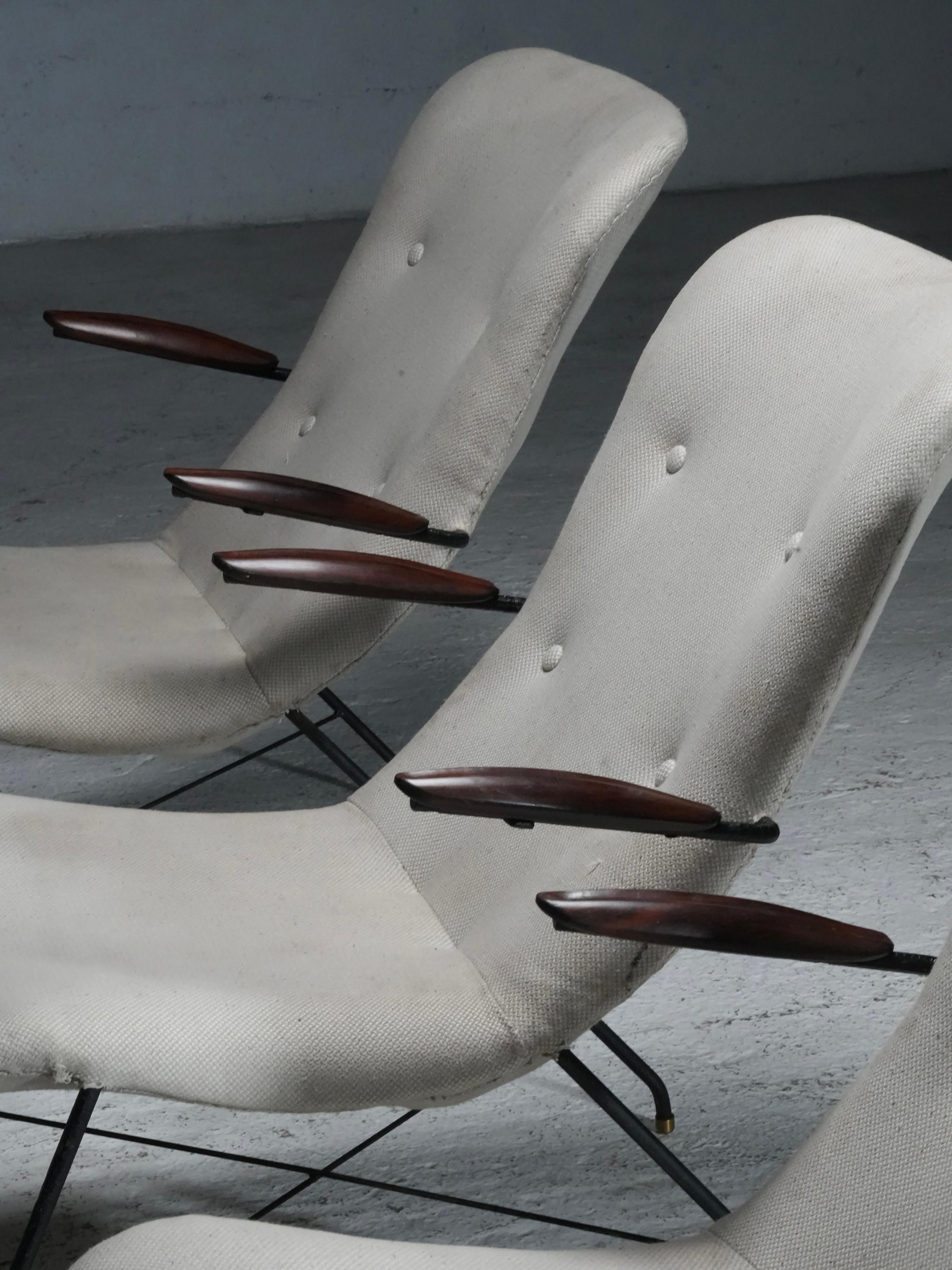 Mid-Century Modern Set of 3 Lounge Chairs by Eisler and Hauner in Wood and Steel,  Brazil, 1960's For Sale