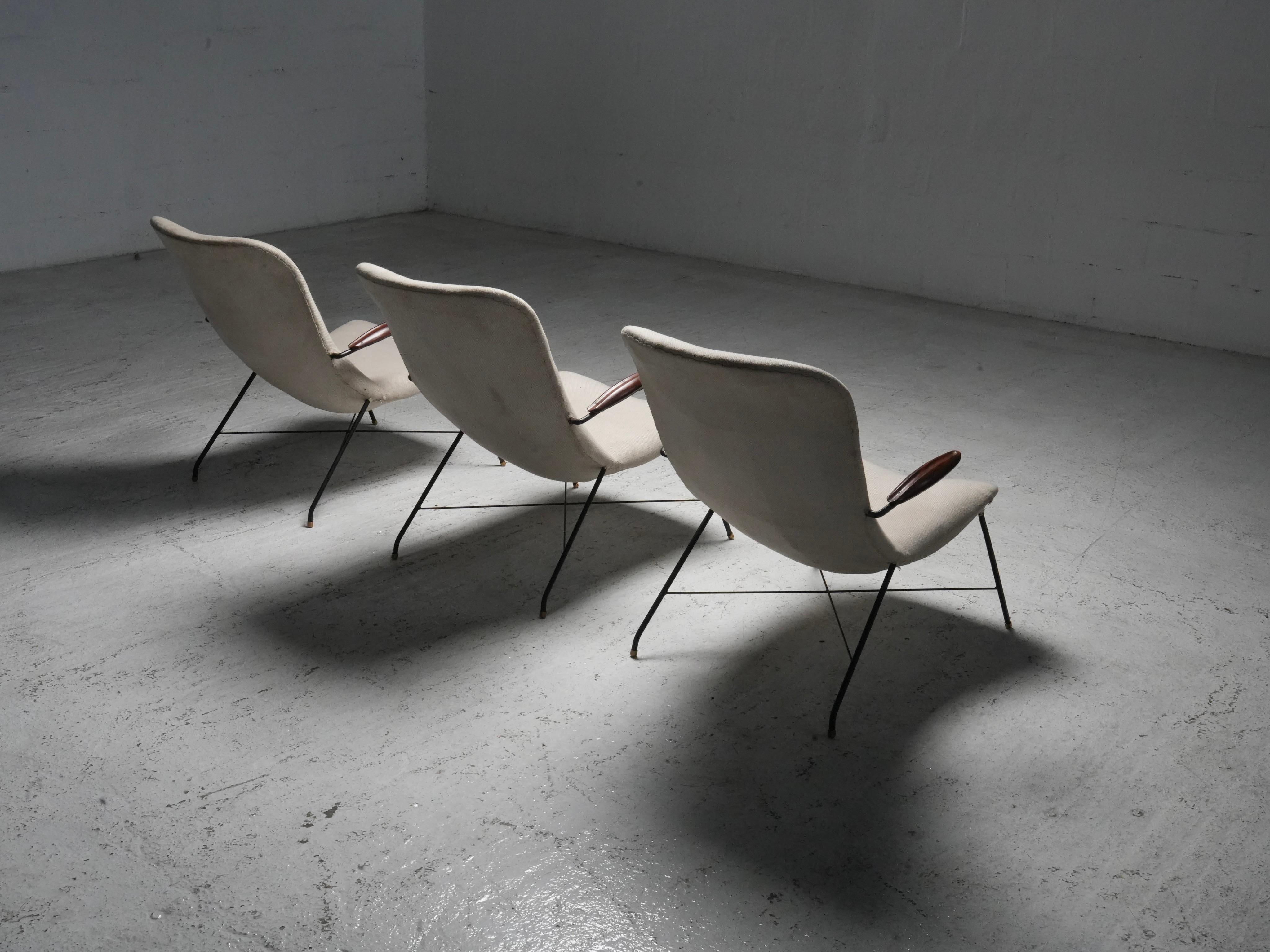 Set of 3 Lounge Chairs by Eisler and Hauner in Wood and Steel,  Brazil, 1960's For Sale 3