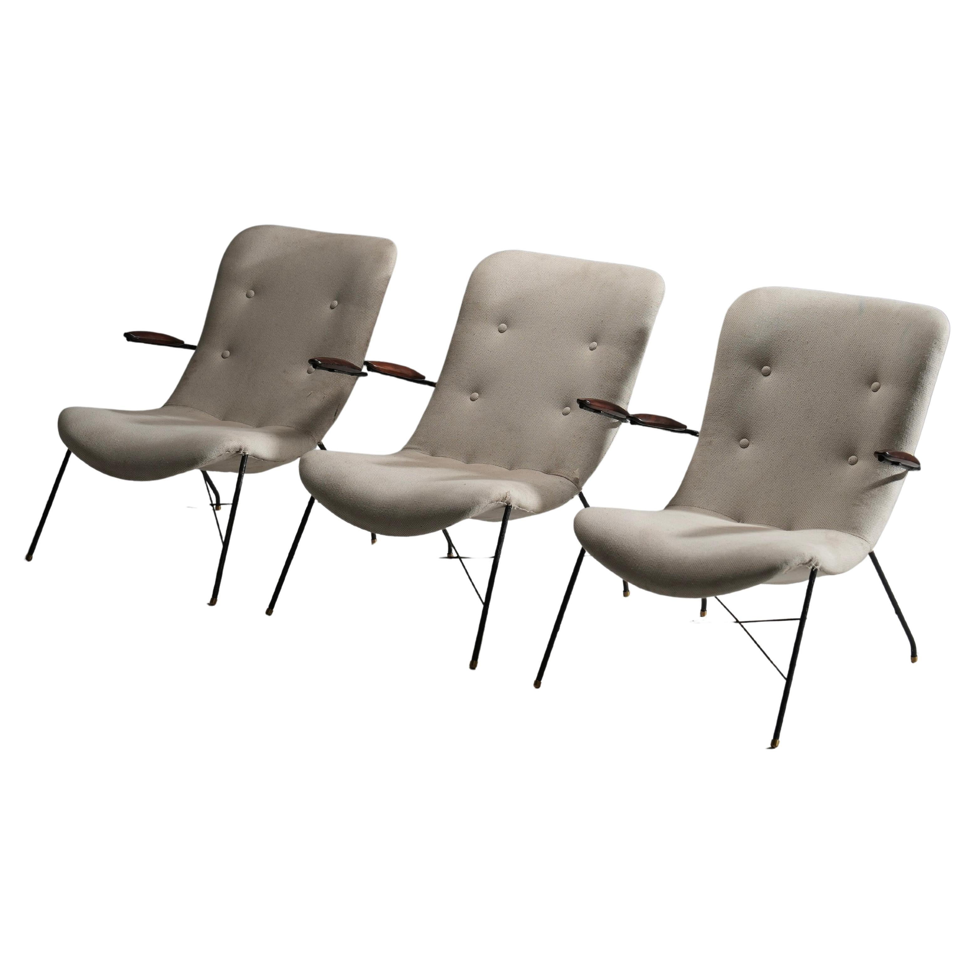 Set of 3 Lounge Chairs by Eisler and Hauner in Wood and Steel,  Brazil, 1960's