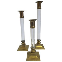 Set of 3 Lucite and Brass Candleholders
