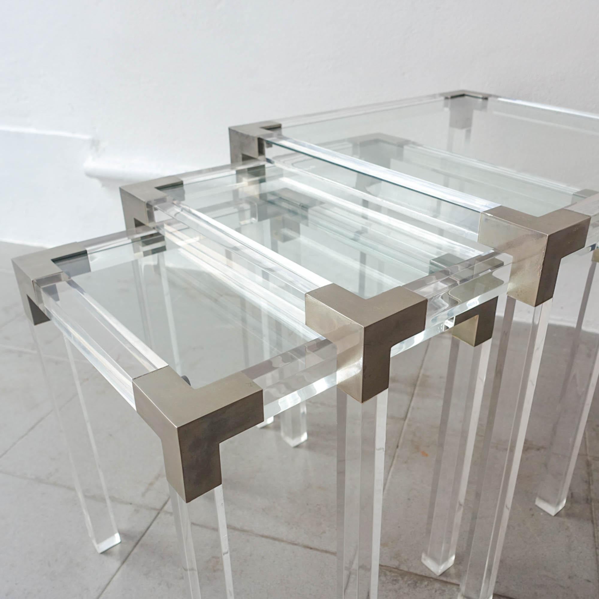 Metal Set of 3 Lucite Nesting Tables, France, 1970's