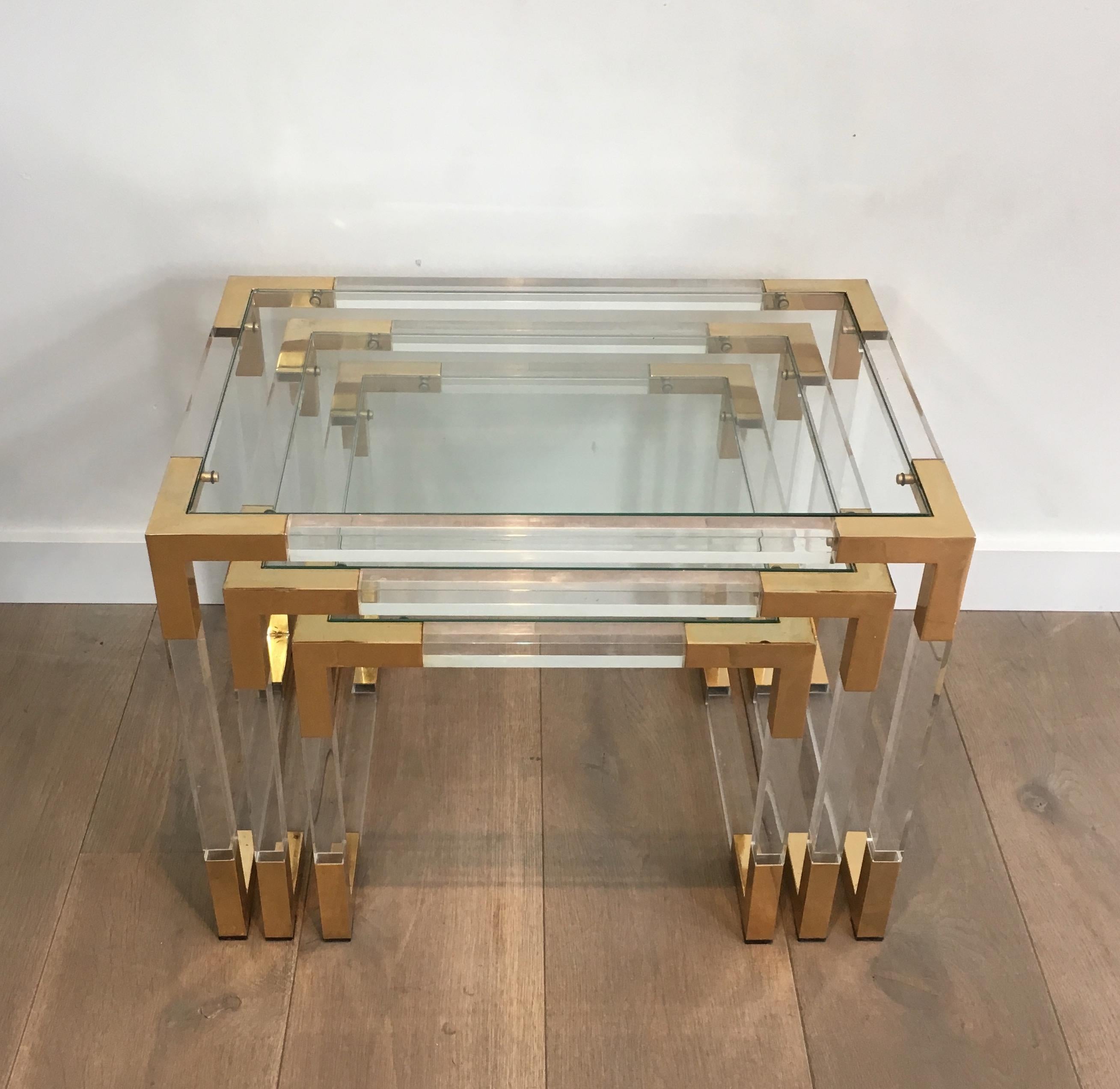 Mid-Century Modern Set of 3 Lucite Nesting Tables with Gilt Corners, French, circa 1970