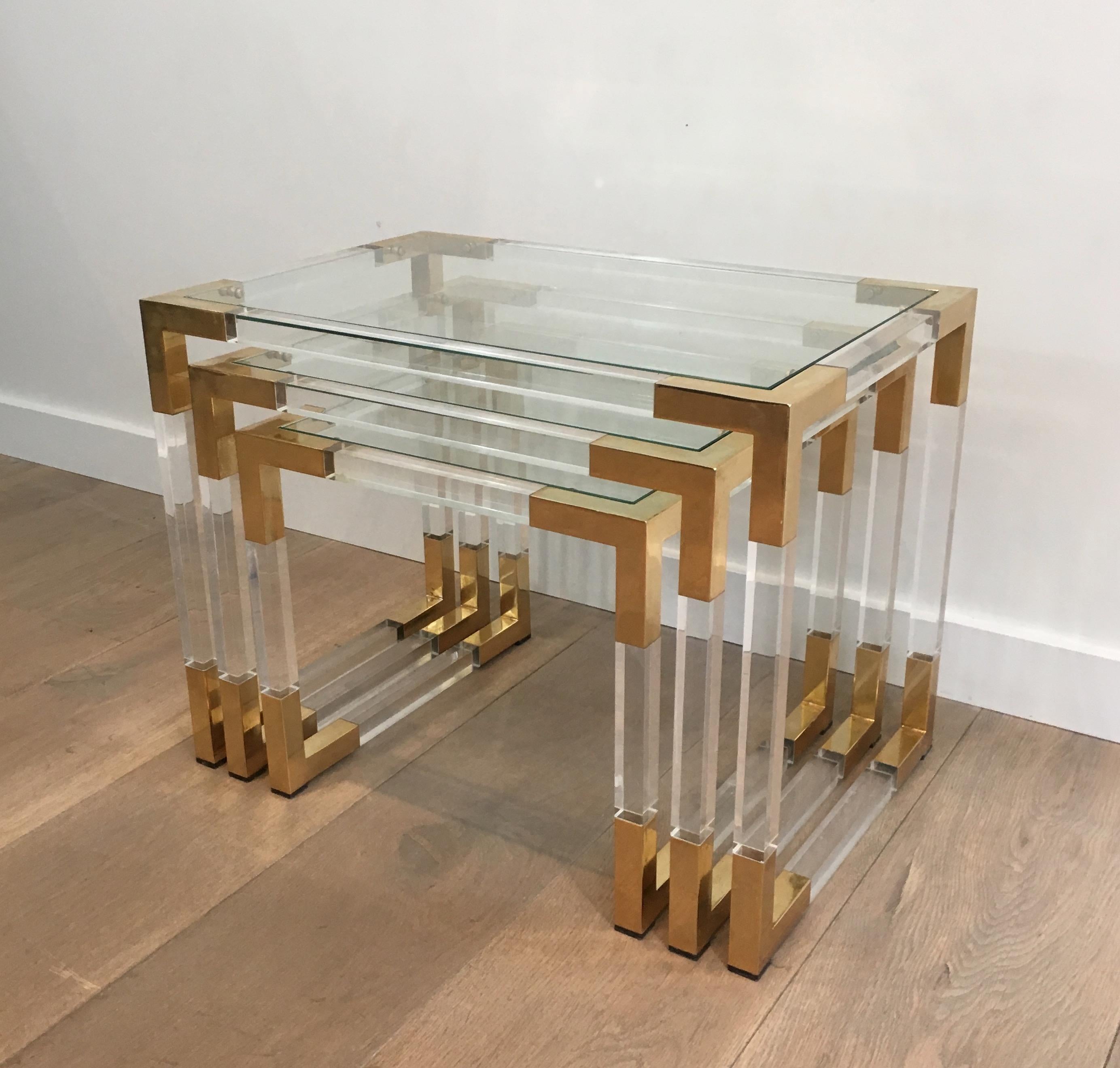 Late 20th Century Set of 3 Lucite Nesting Tables with Gilt Corners, French, circa 1970