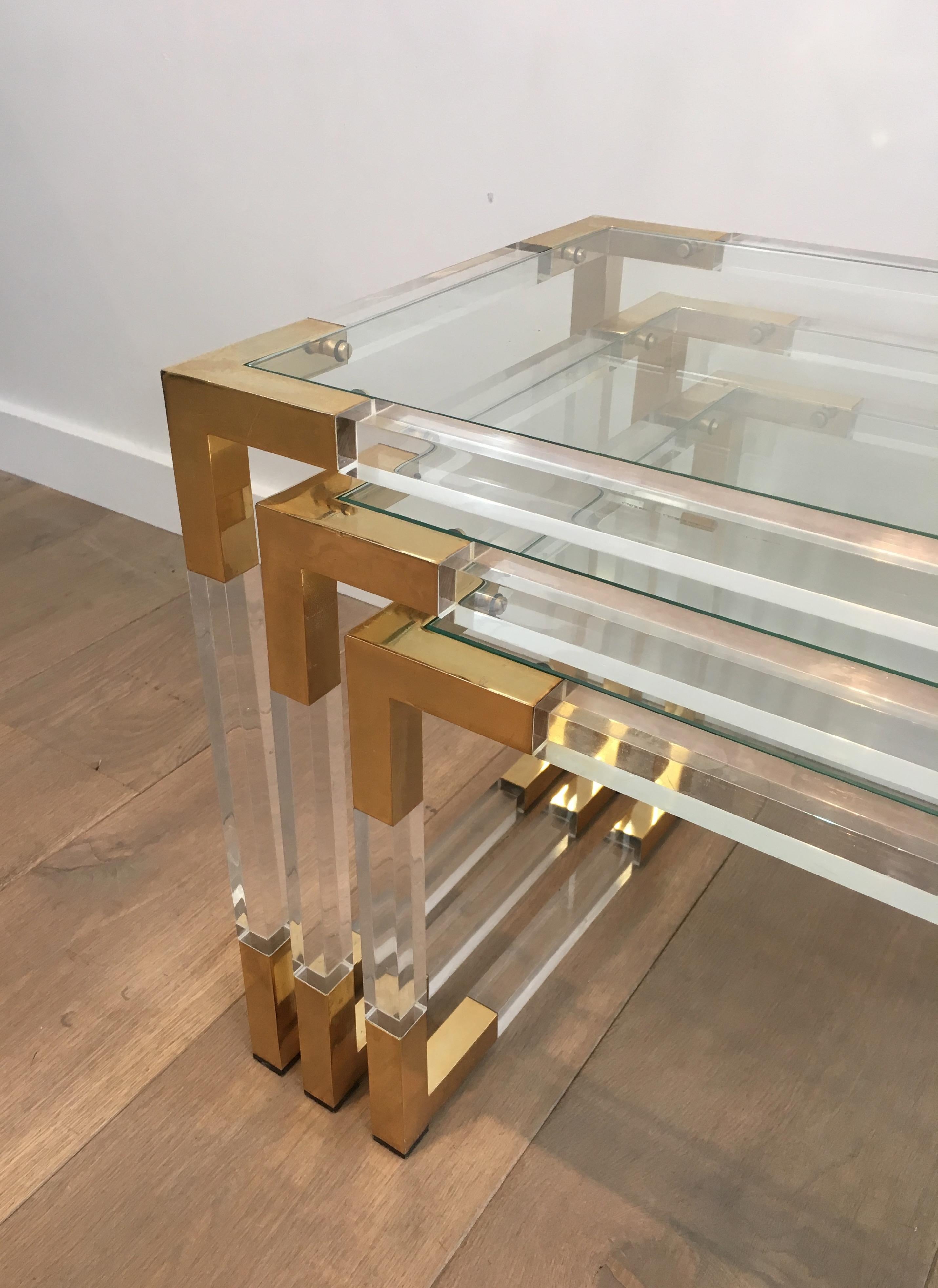 Glass Set of 3 Lucite Nesting Tables with Gilt Corners, French, circa 1970