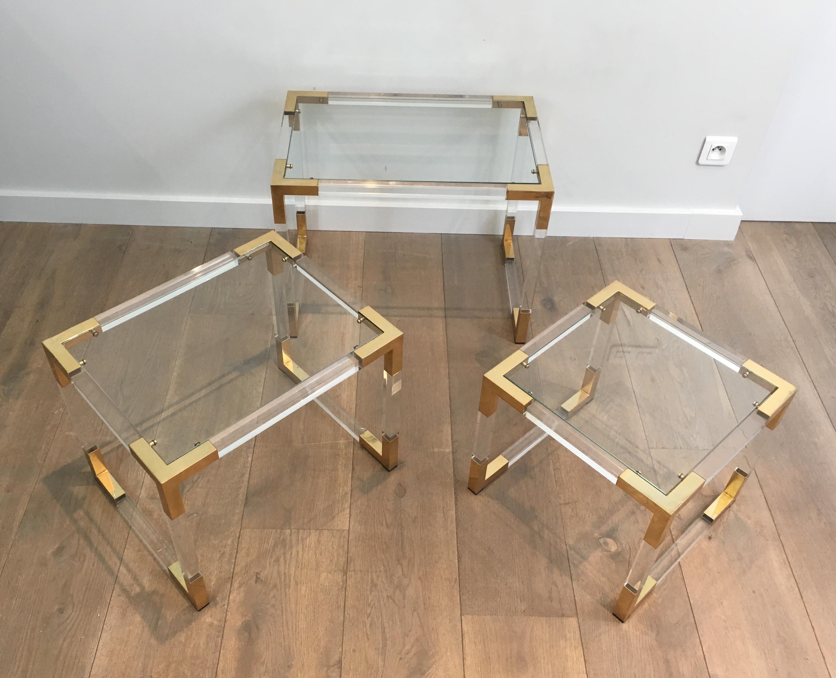 Set of 3 Lucite Nesting Tables with Gilt Corners, French, circa 1970 1