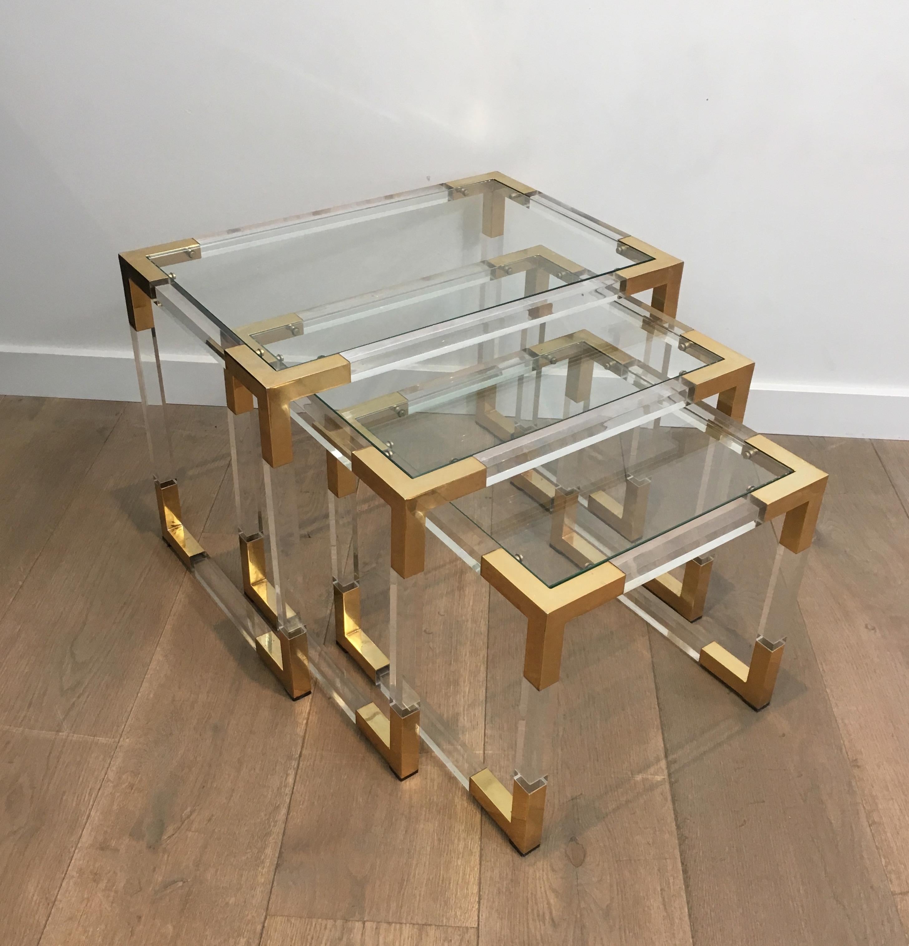 Set of 3 Lucite Nesting Tables with Gilt Corners, French, circa 1970 2