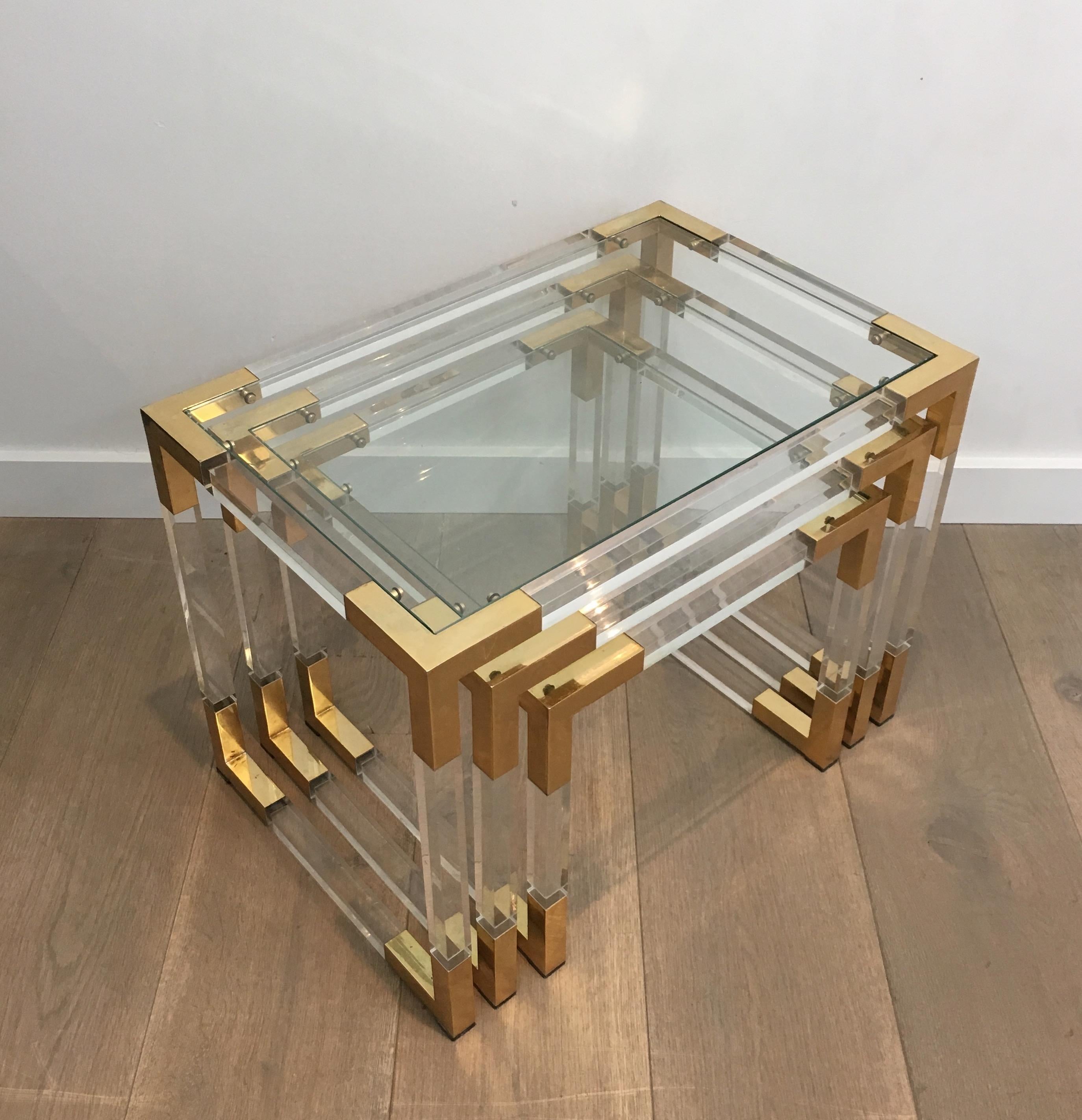 Set of 3 Lucite Nesting Tables with Gilt Corners, French, circa 1970 3