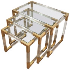 Vintage Set of 3 Lucite Nesting Tables with Gilt Corners, French, circa 1970