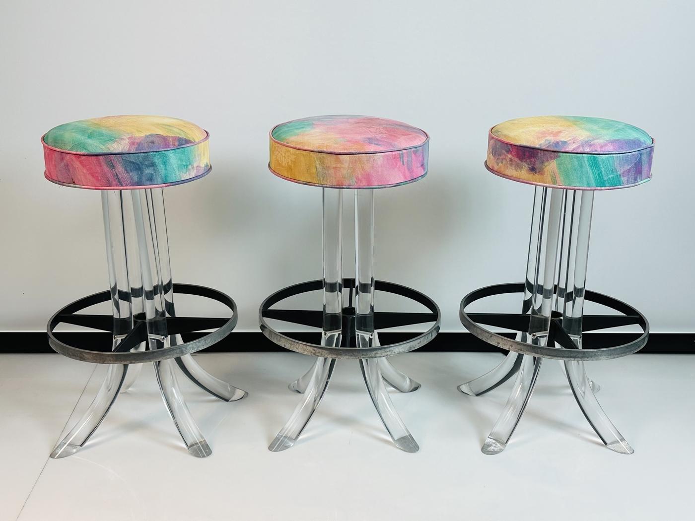Mid-Century Modern Set of 3 Lucite TUSK Barstools after Charles Hollis Jones, USA 1970s For Sale