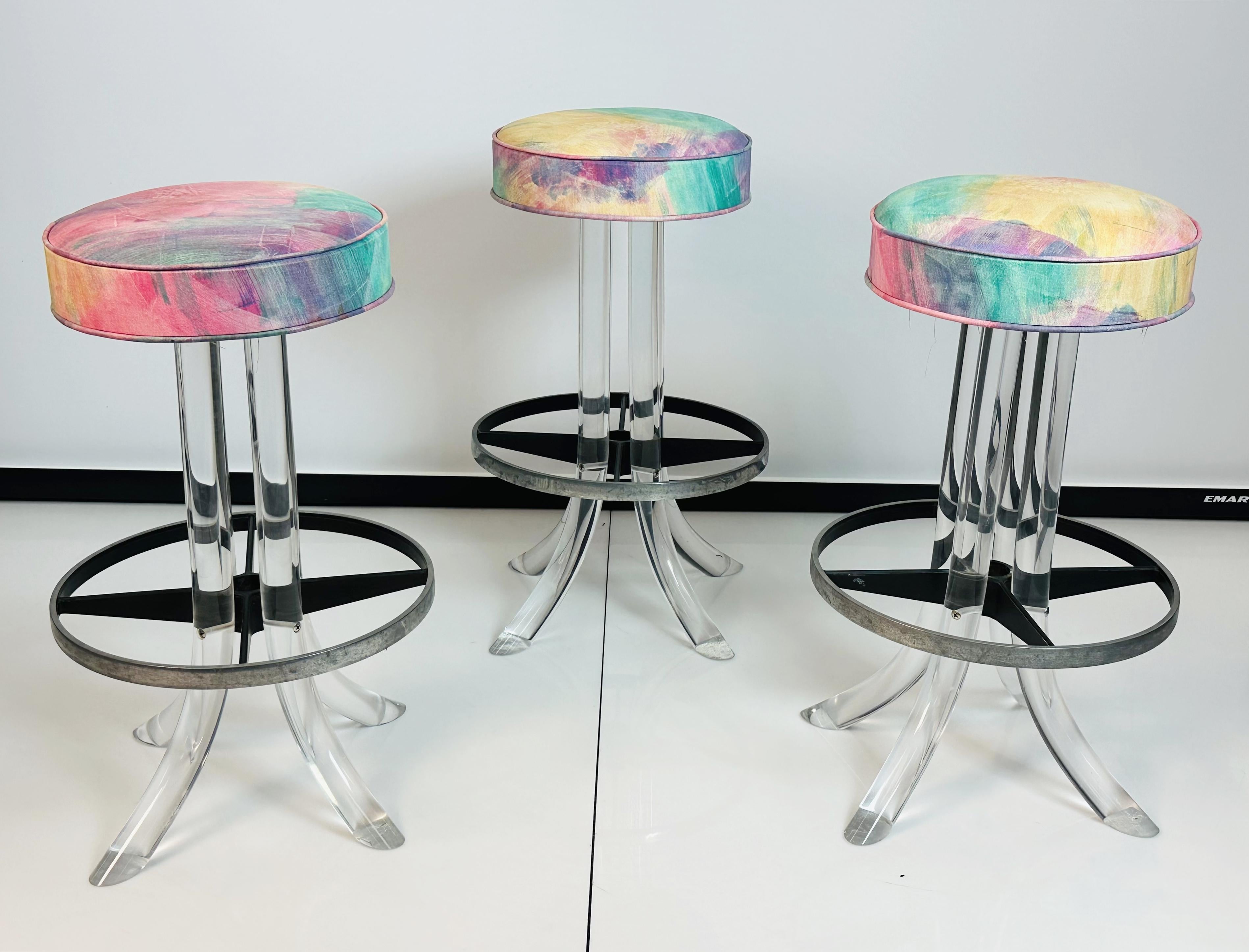 Hand-Crafted Set of 3 Lucite TUSK Barstools after Charles Hollis Jones, USA 1970s For Sale